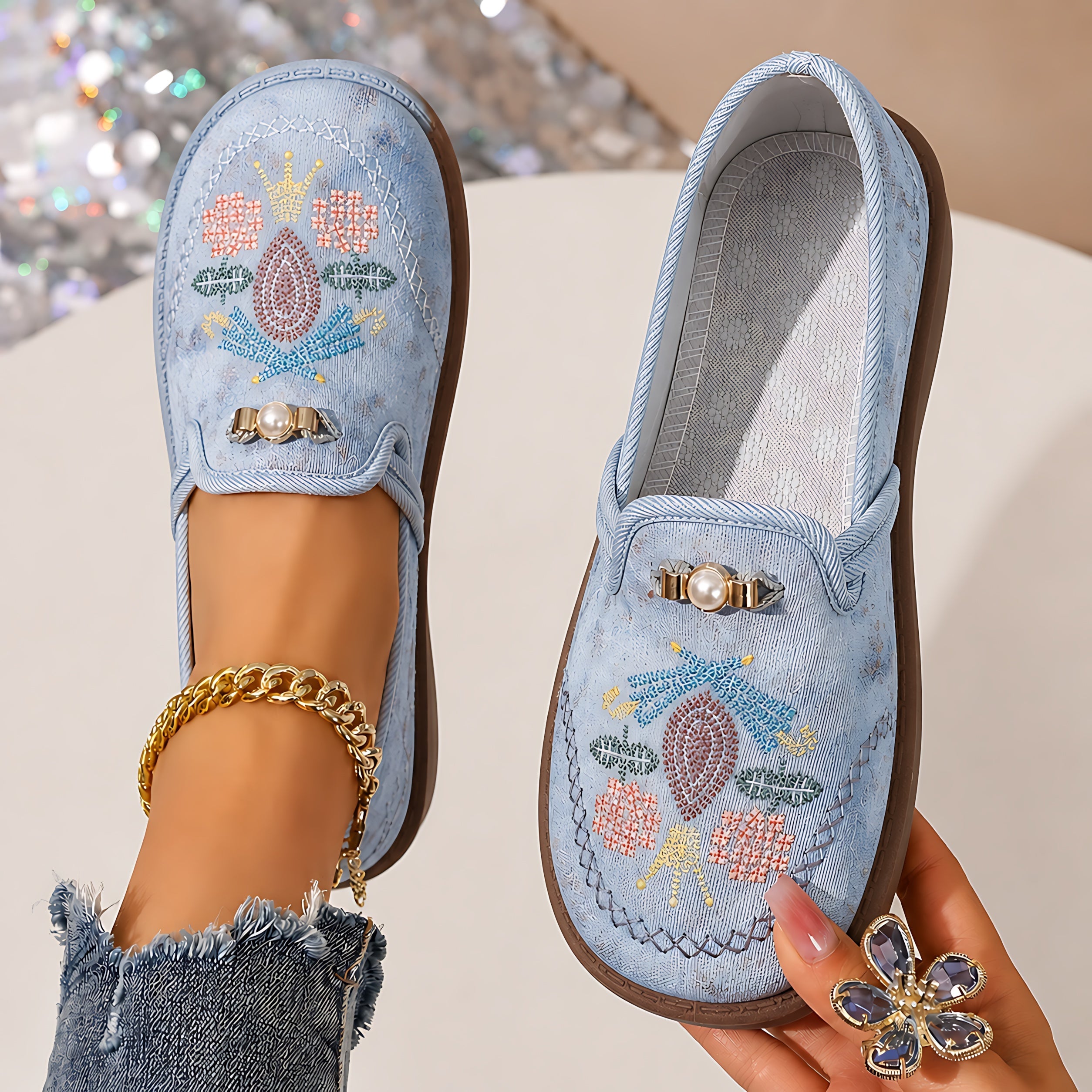 Catherine – Floral Embroidered Slip On Loafers