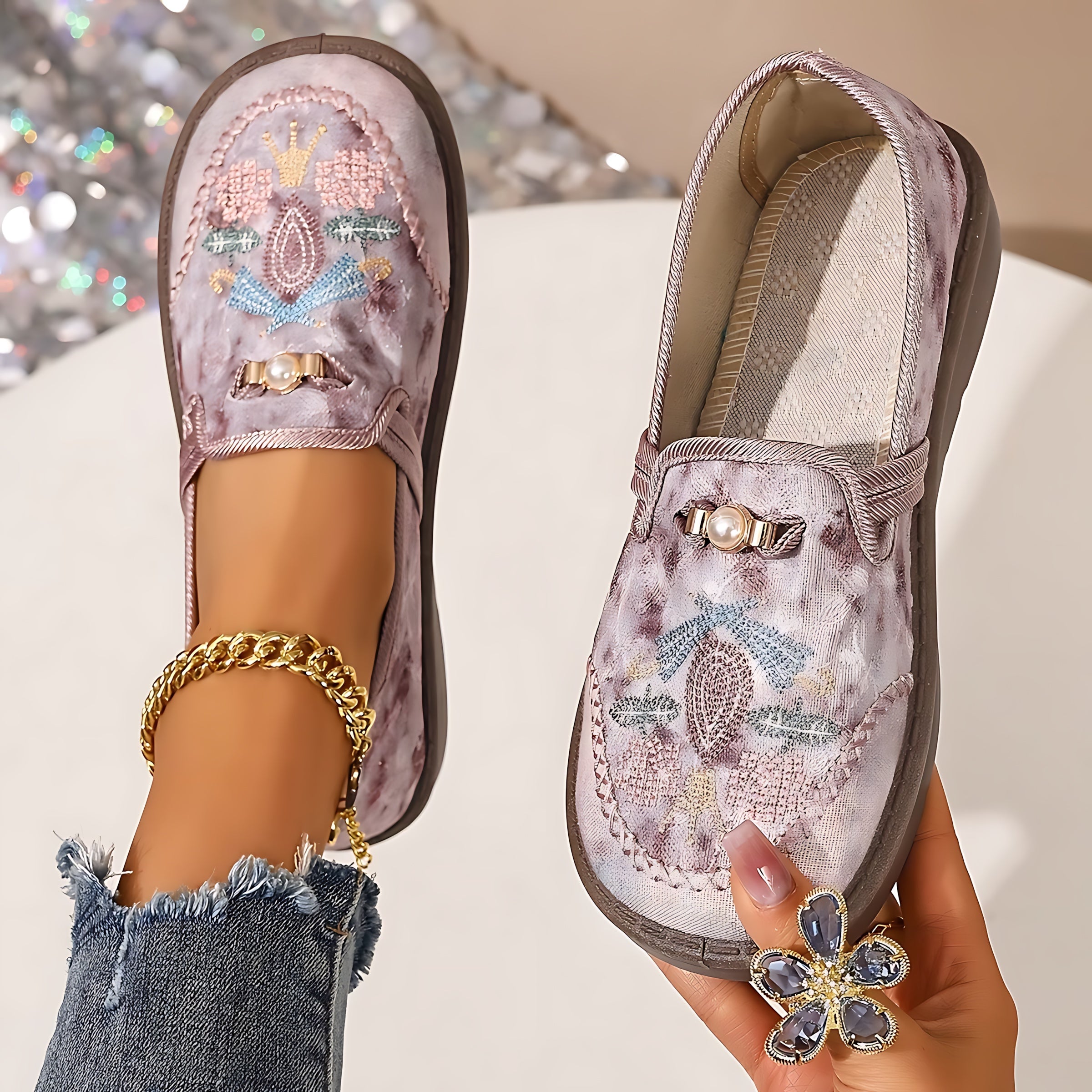 Catherine – Floral Embroidered Slip On Loafers