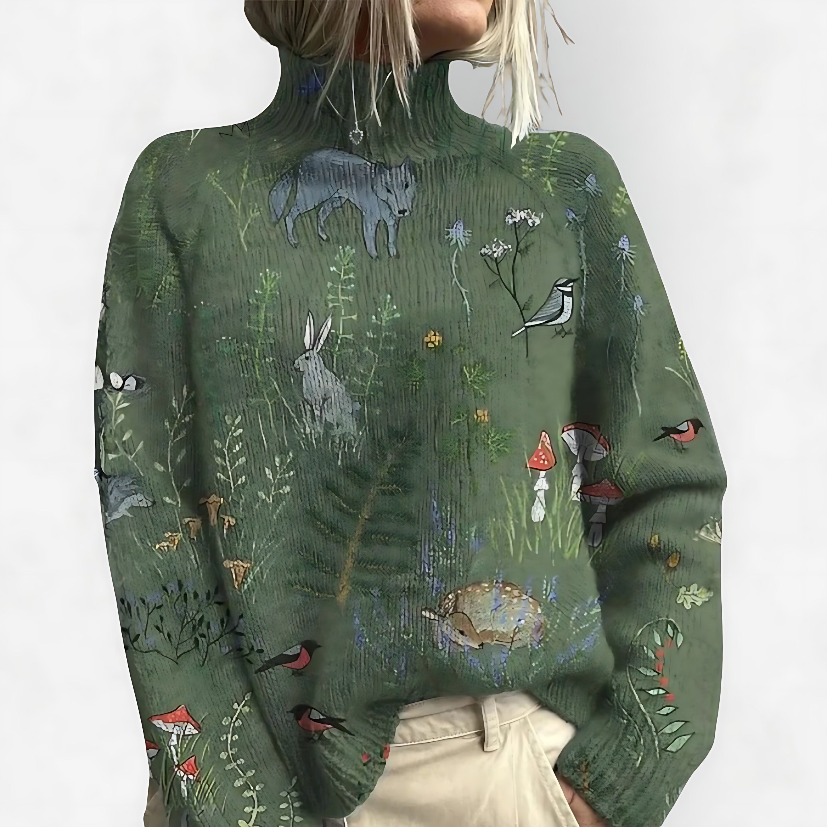 Catherine – Floral Print Turtleneck Knit Sweater