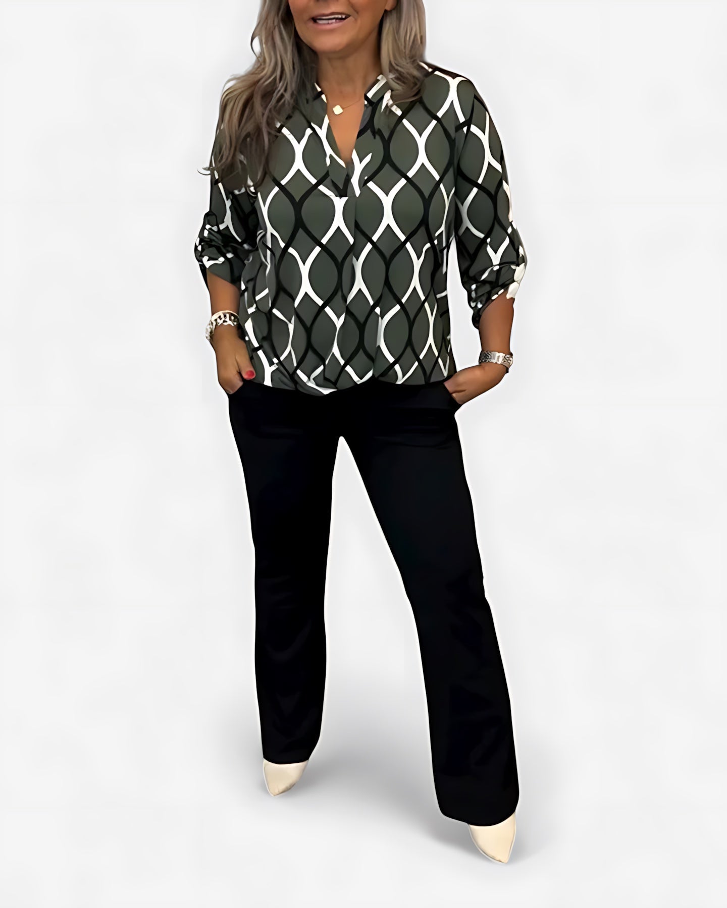 Catherine – Geometric Print Long Sleeve Blouse