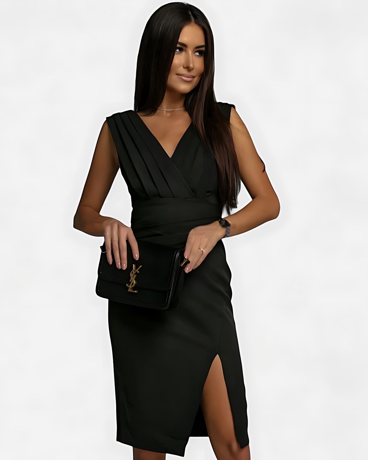 Catherine – Ruched Bodycon V Neck Cocktail Midi Dress