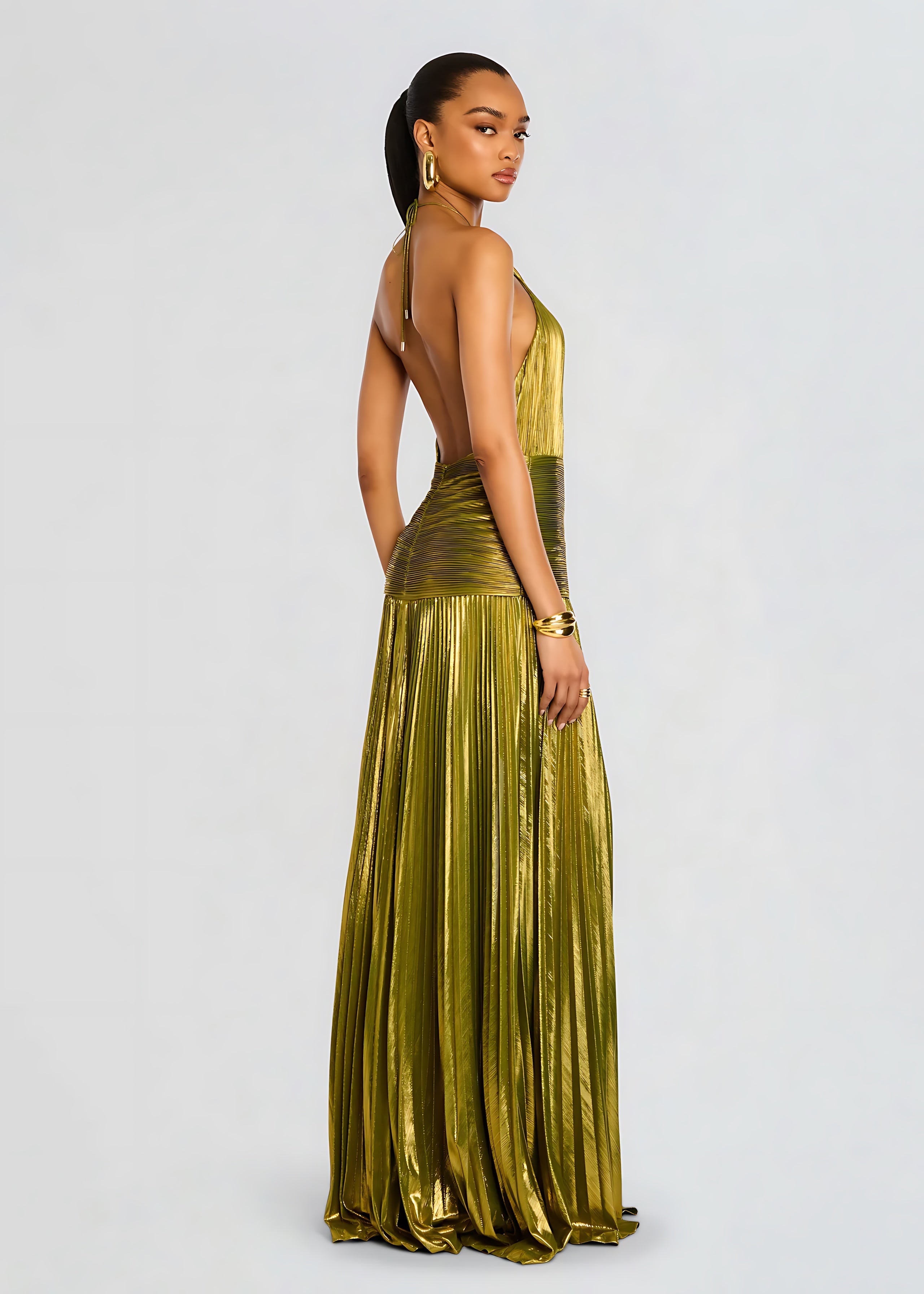 Cecilia – Metallic Halter High Slit Evening Maxi Dress