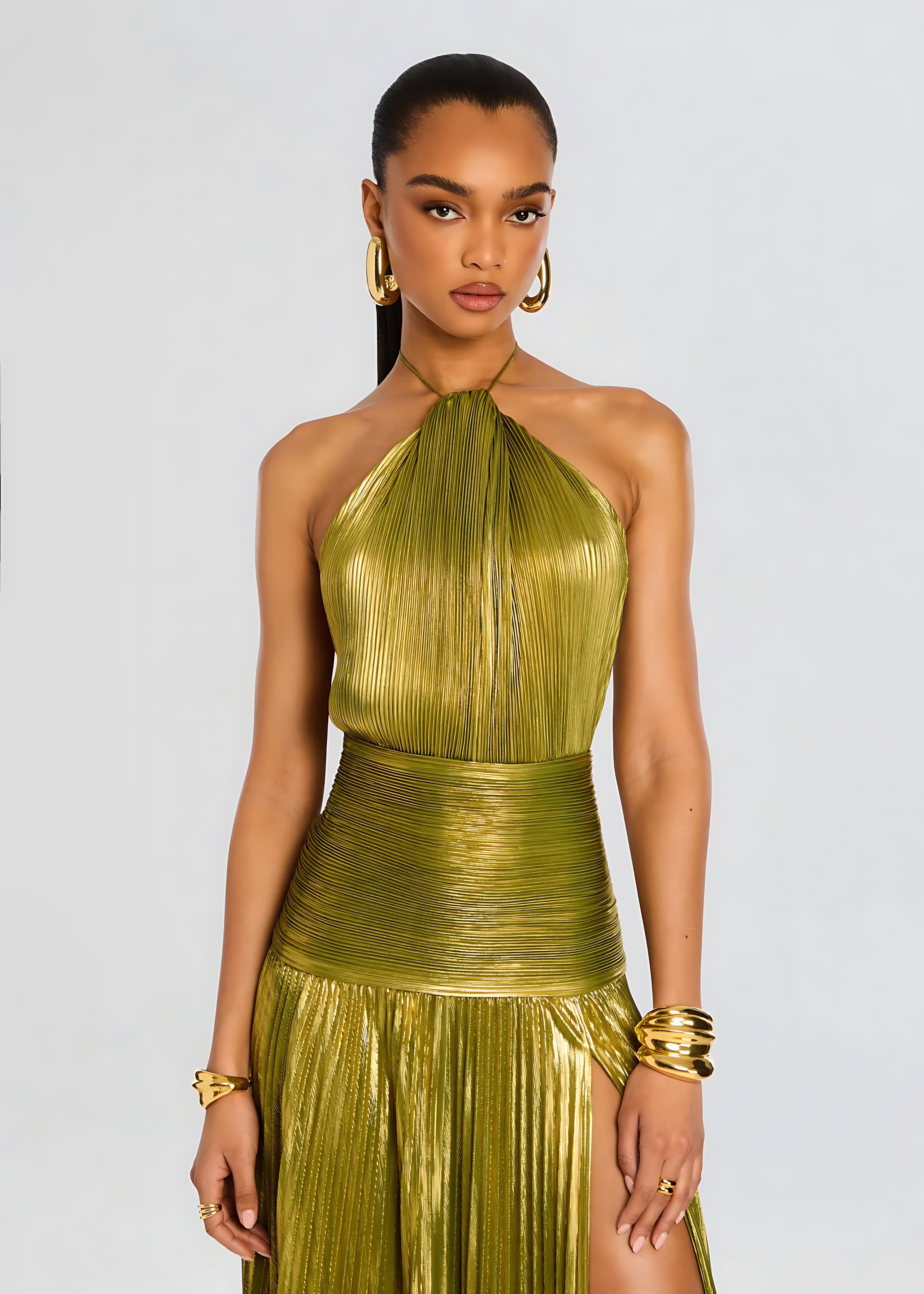 Cecilia – Metallic Halter High Slit Evening Maxi Dress