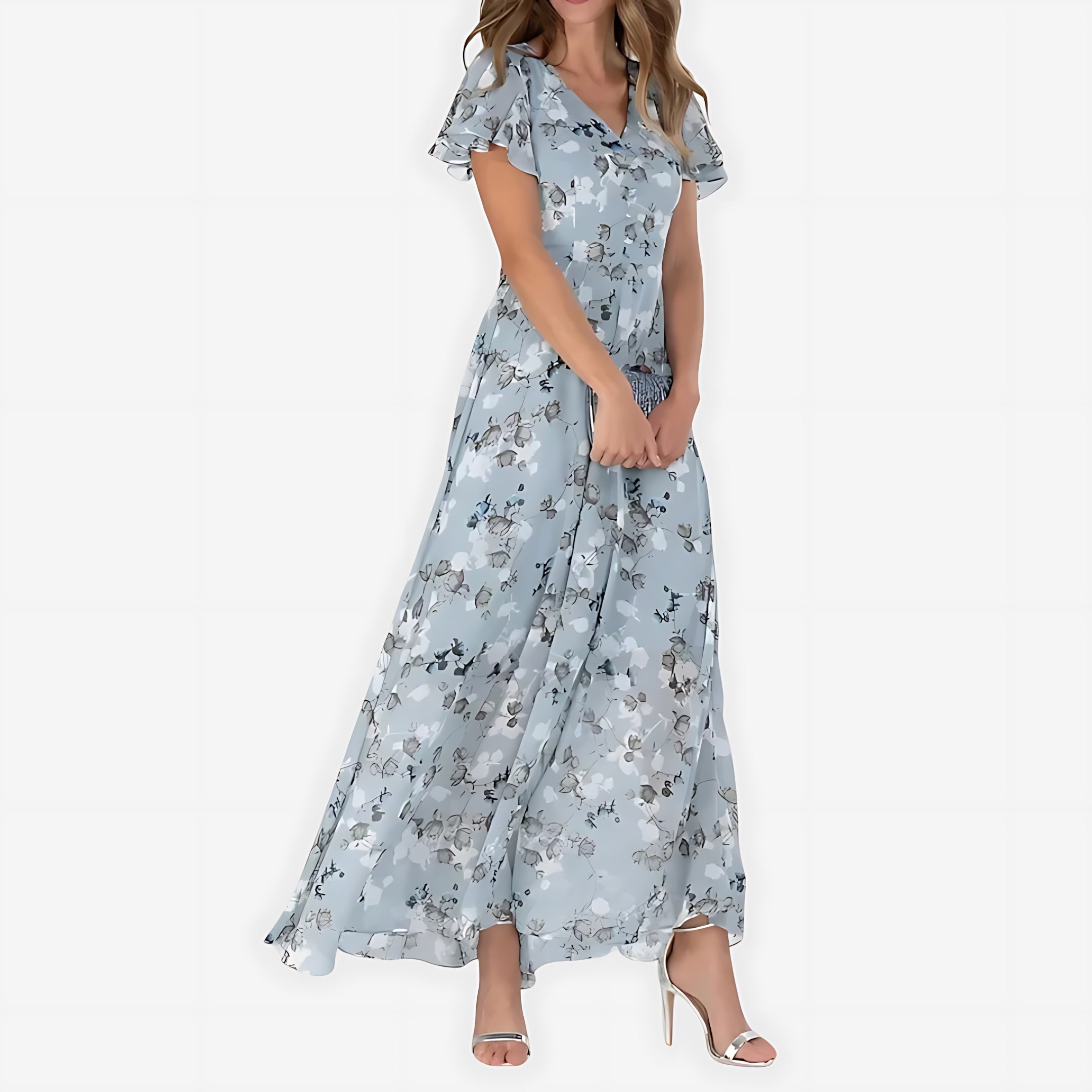 Celeste – Floral Print V Neck Ruffle Summer Maxi Dress