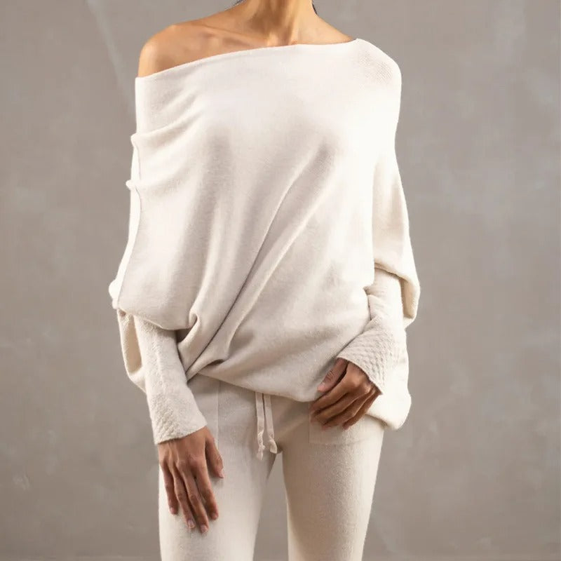 Claire – Off Shoulder Draped Knit Sweater