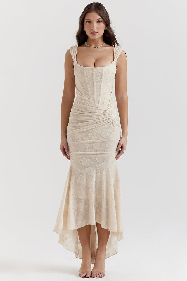Olivia – Lace Ruched Asymmetric Cocktail Midi Dress