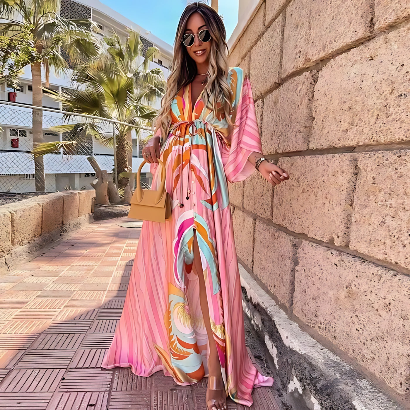 Charlie – Abstract Print Kimono Sleeve Slit Maxi Dress