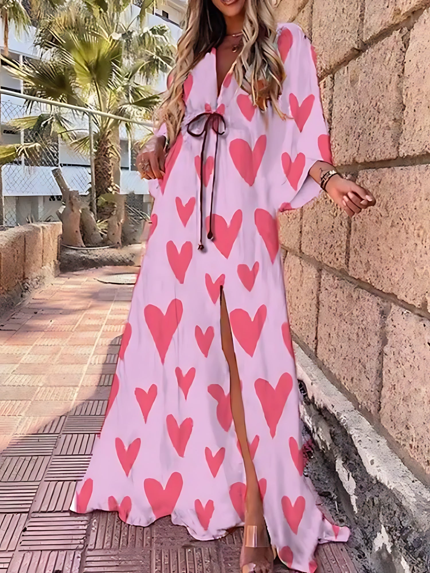 Charlie – Abstract Print Kimono Sleeve Slit Maxi Dress
