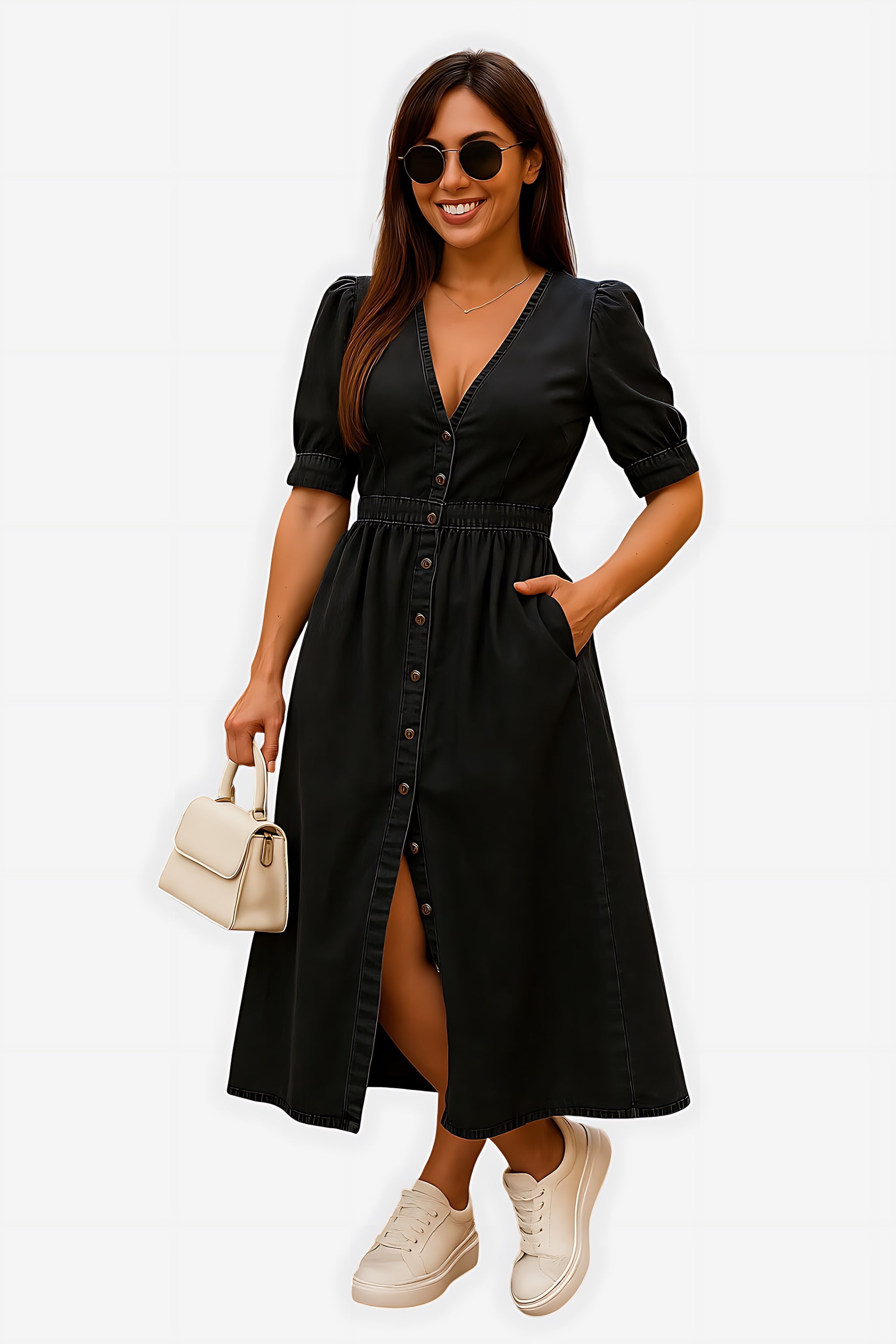 Charlie – Denim V Neck A Line Midi Dress