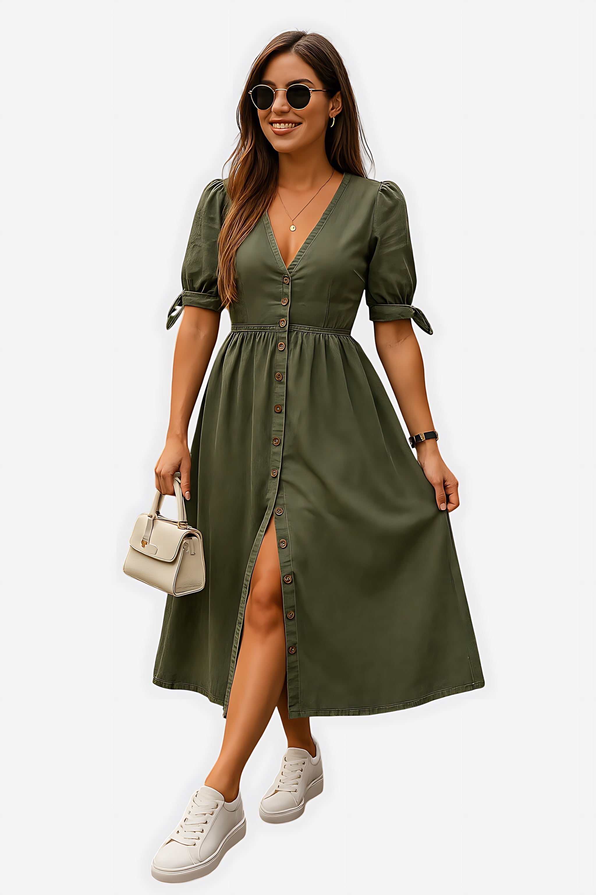 Charlie – Denim V Neck A Line Midi Dress