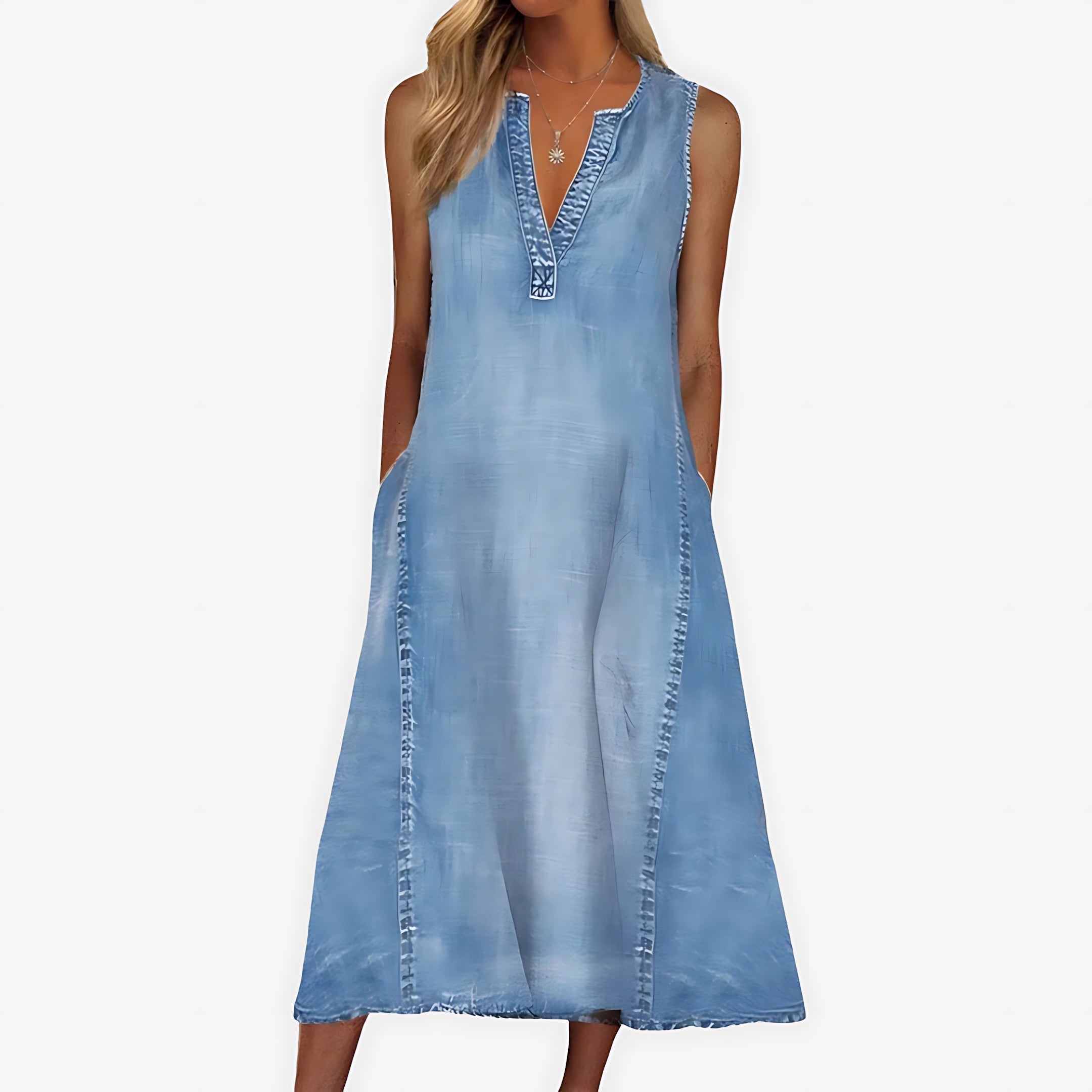 Charlotte – Denim V Neck A Line Summer Midi Dress