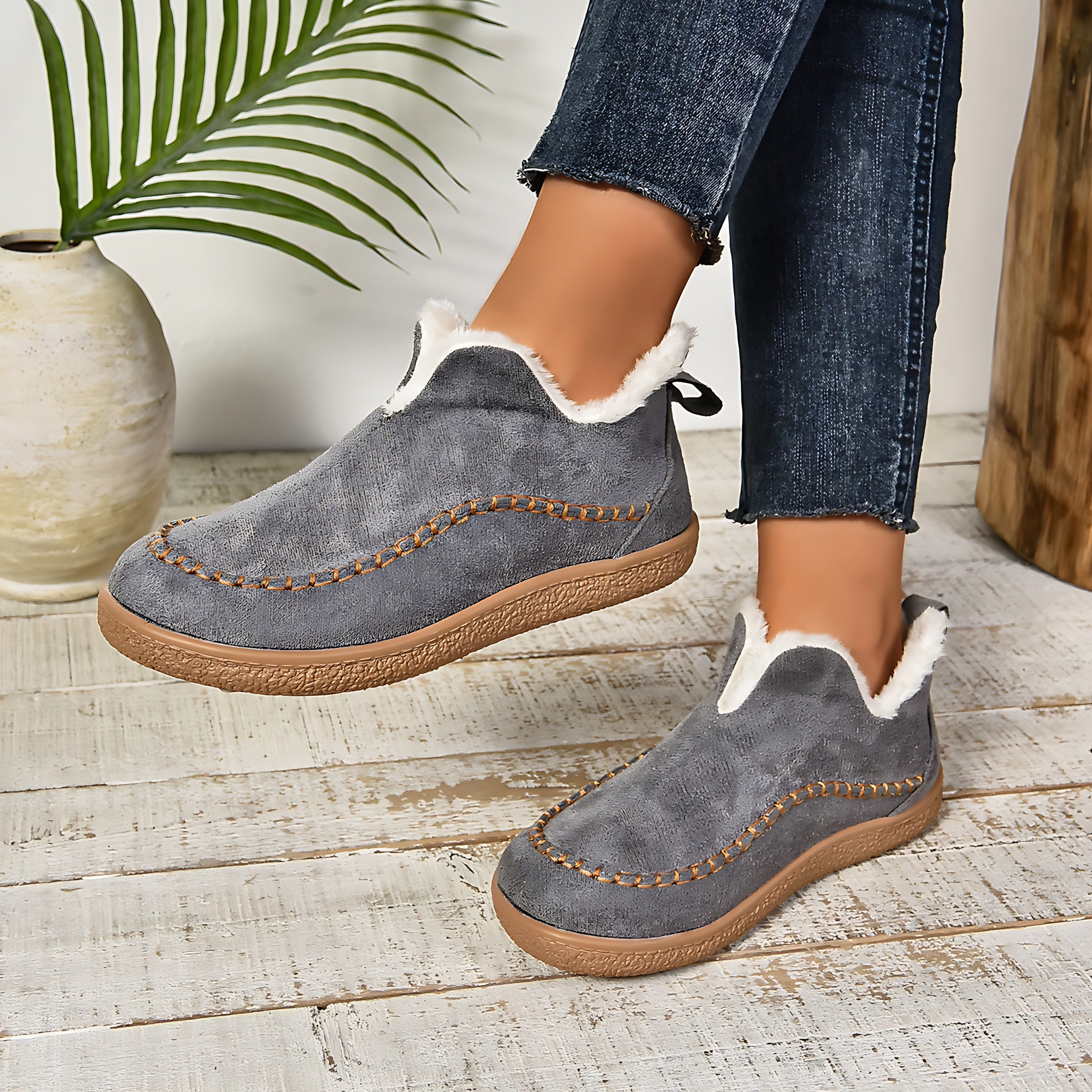 Charlotte – Suede Faux Fur Lined Slip On Ankle Boots