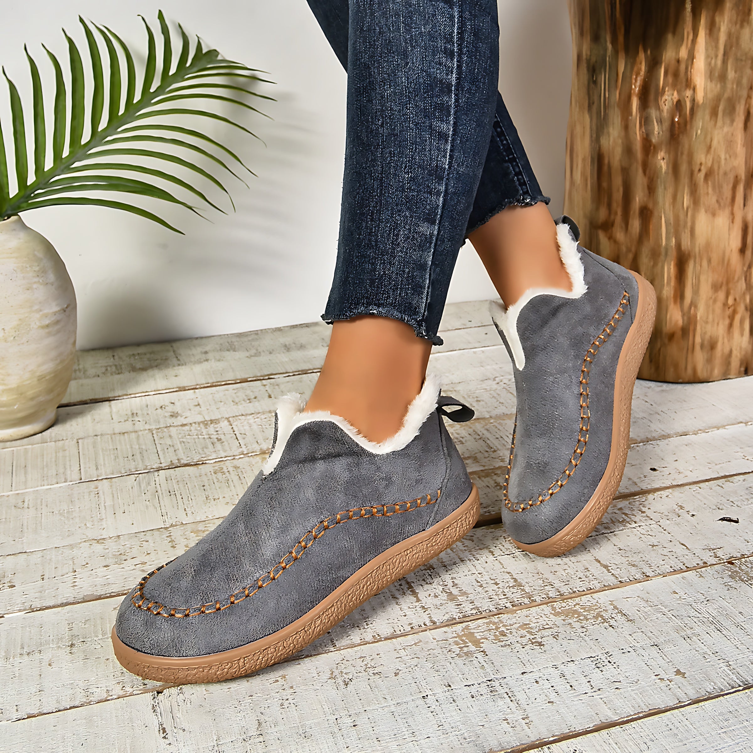 Charlotte – Suede Faux Fur Lined Slip On Ankle Boots