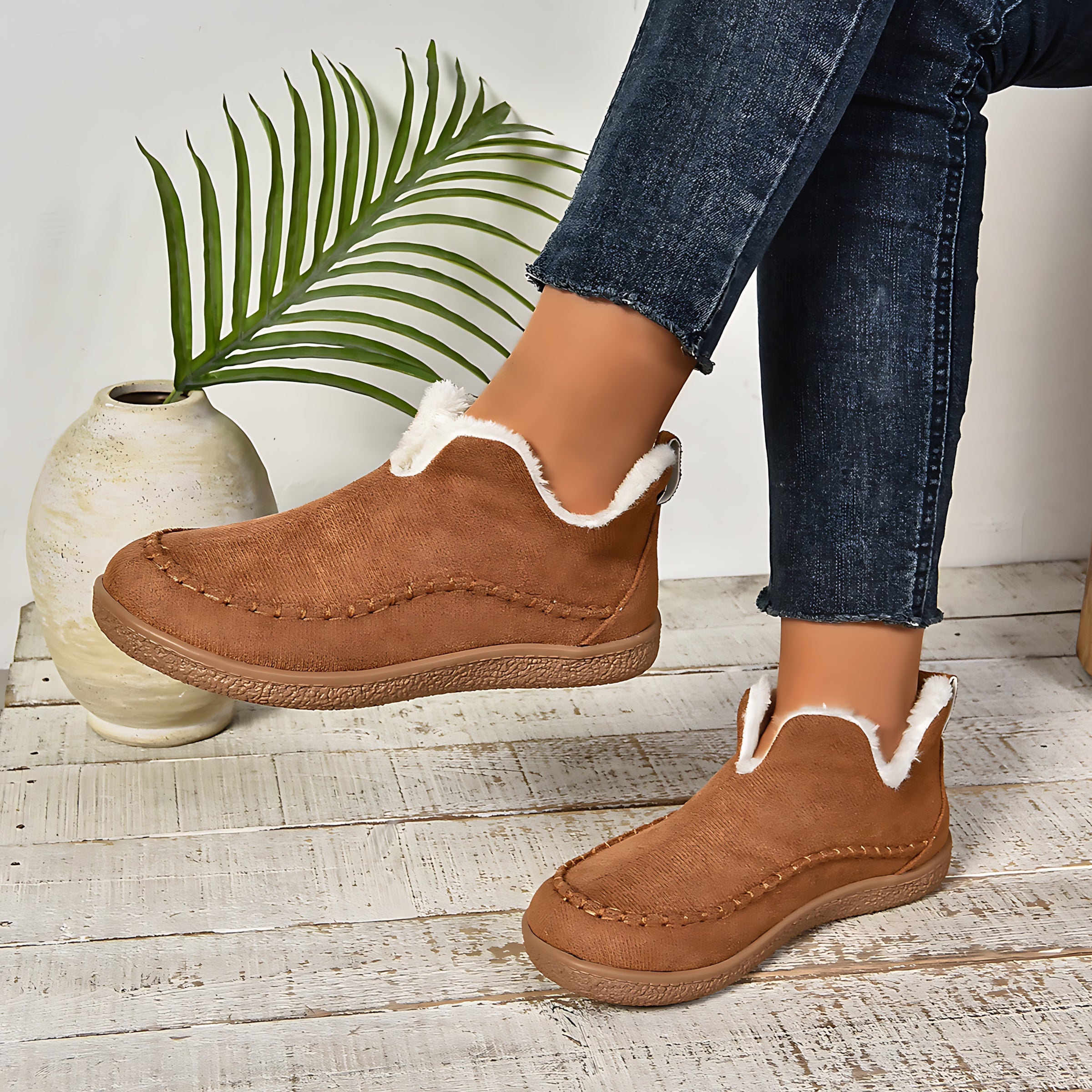 Charlotte – Suede Faux Fur Lined Slip On Ankle Boots