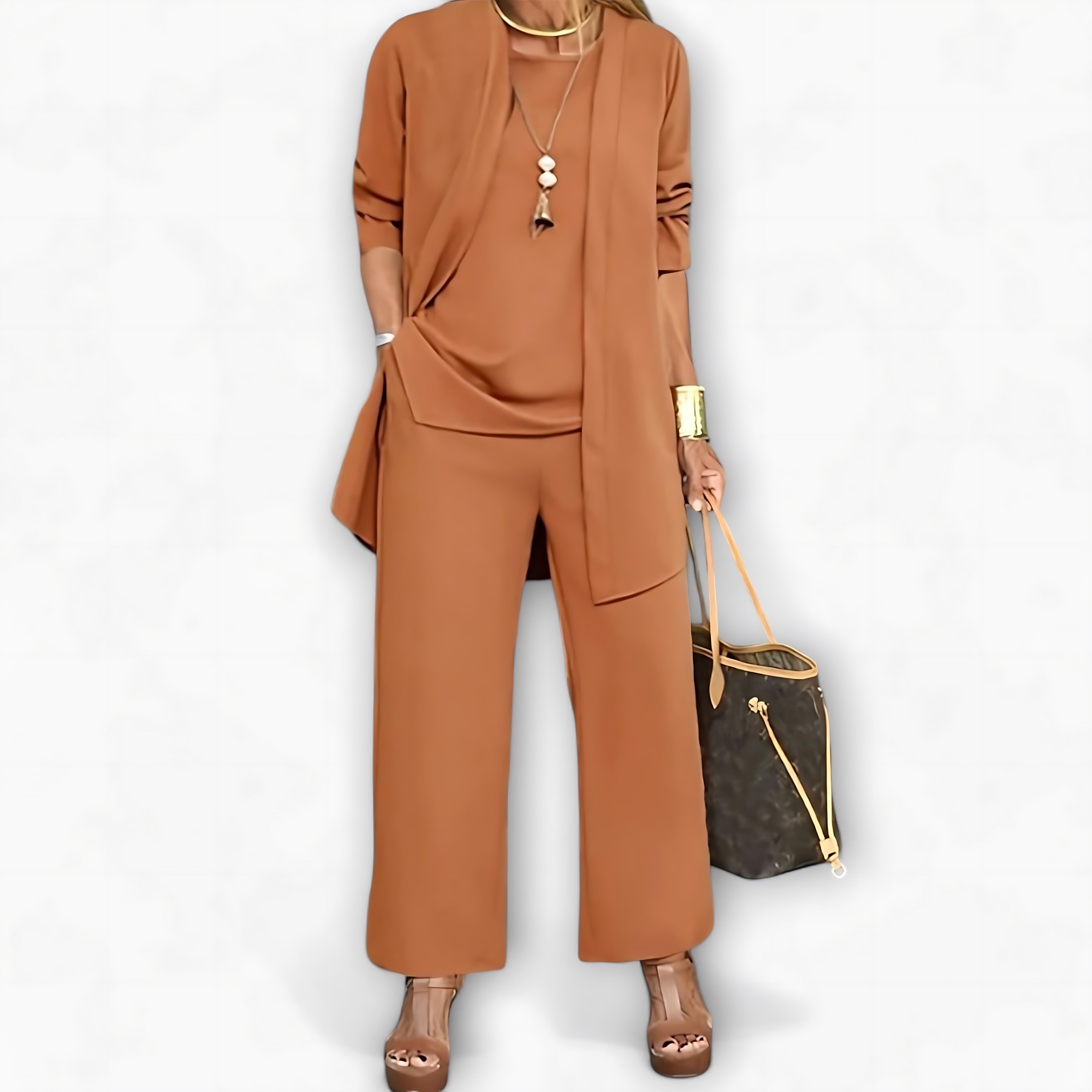 Charlotte – Three Piece Cardigan Top And Wide Leg Pants Set