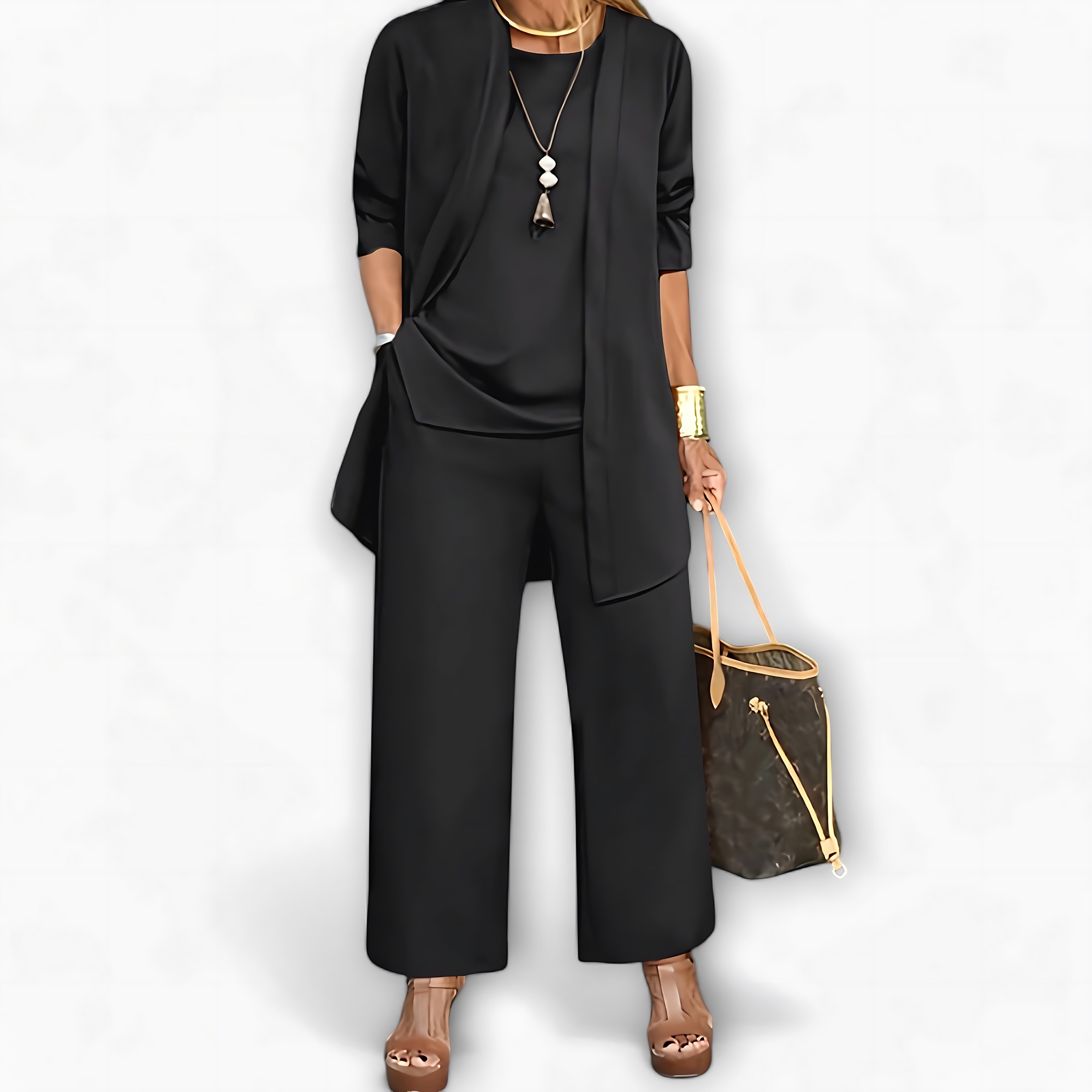 Charlotte – Three Piece Cardigan Top And Wide Leg Pants Set