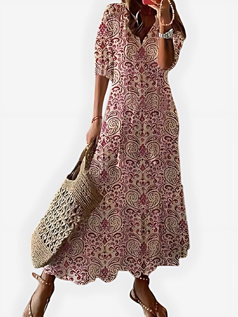 Chloe – Boho Print V Neck Ruffle Sleeve Midi Dress