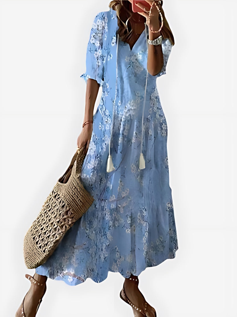 Chloe – Boho Print V Neck Ruffle Sleeve Midi Dress