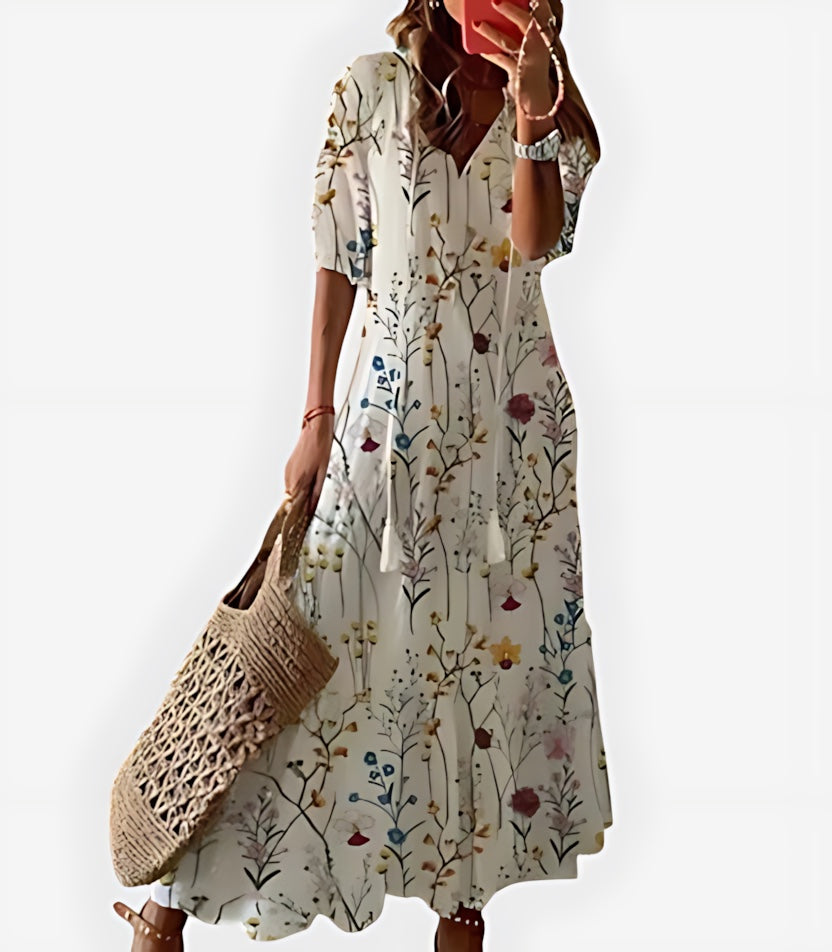 Chloe – Boho Print V Neck Ruffle Sleeve Midi Dress