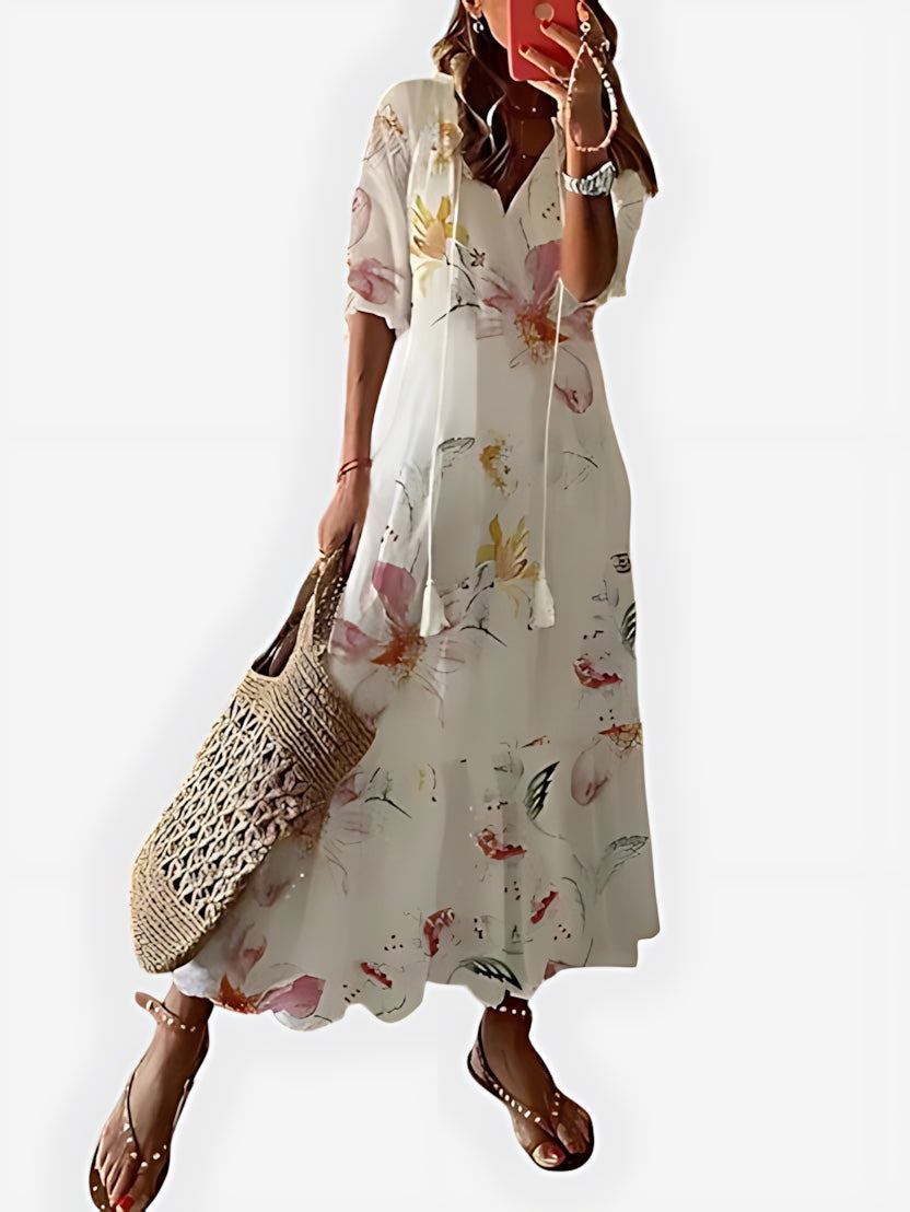 Chloe – Boho Print V Neck Ruffle Sleeve Midi Dress
