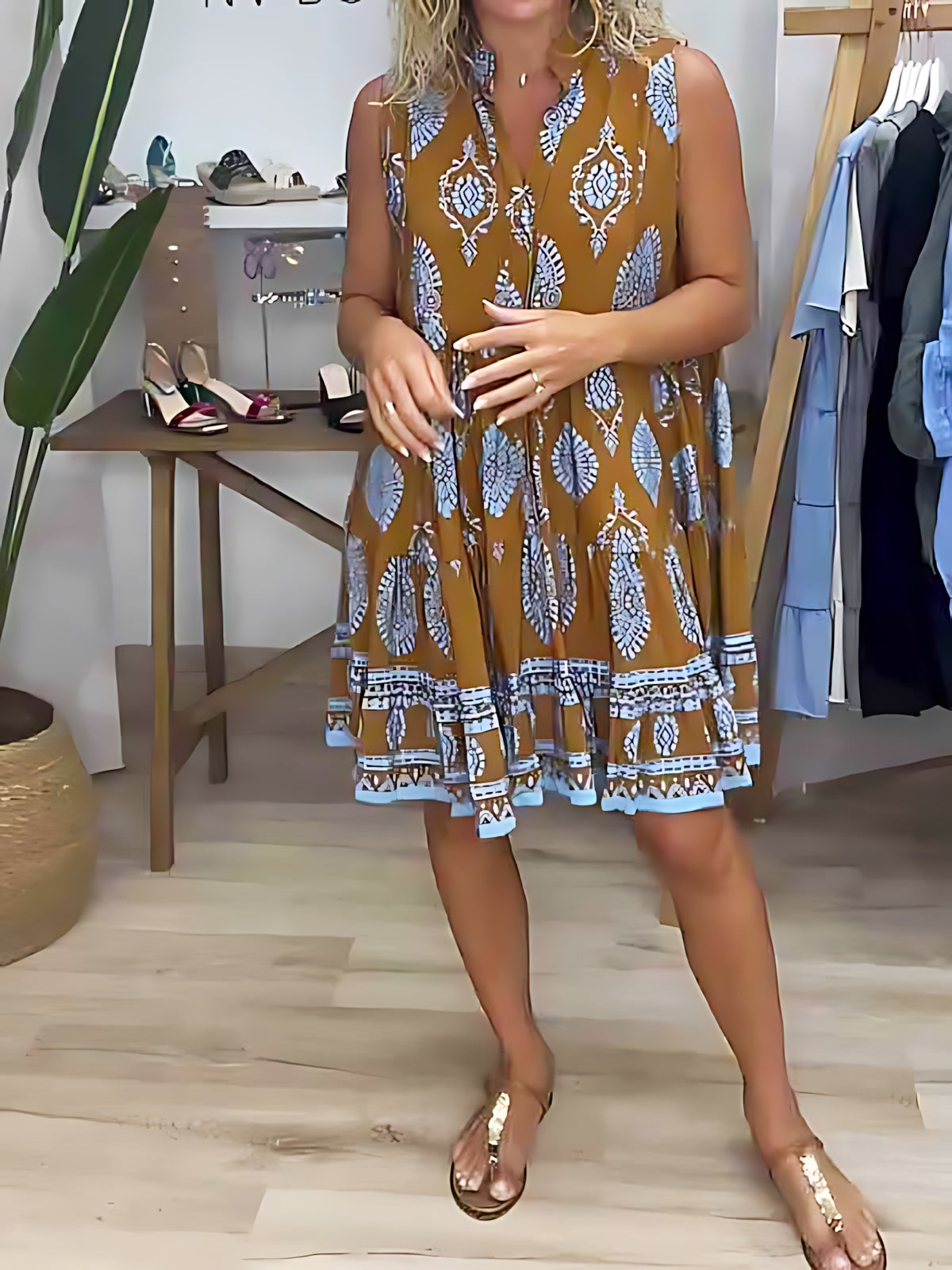 Chloe – Boho Print V Neck Tiered Mini Dress