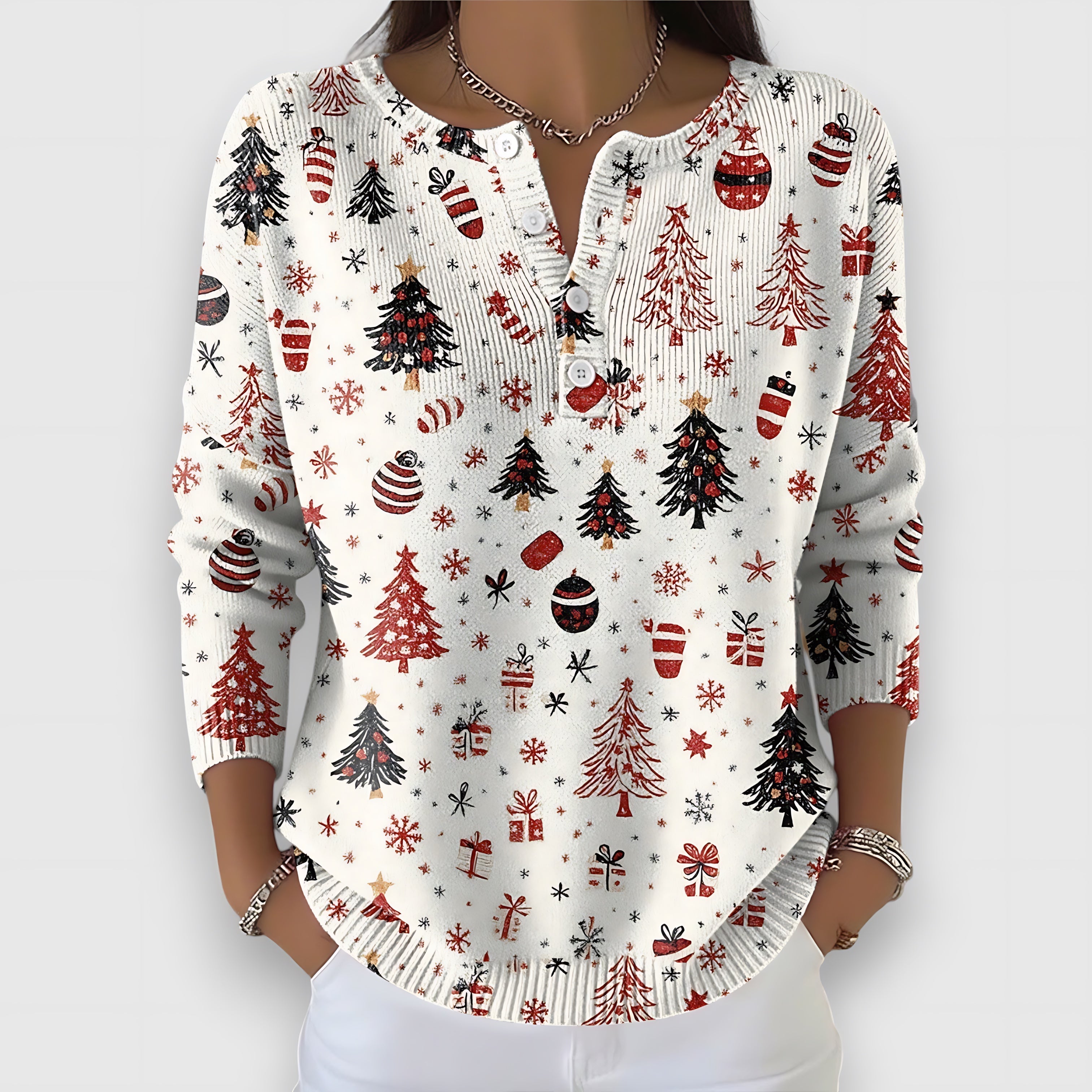 Chloe – Christmas Tree Print Henley Sweater