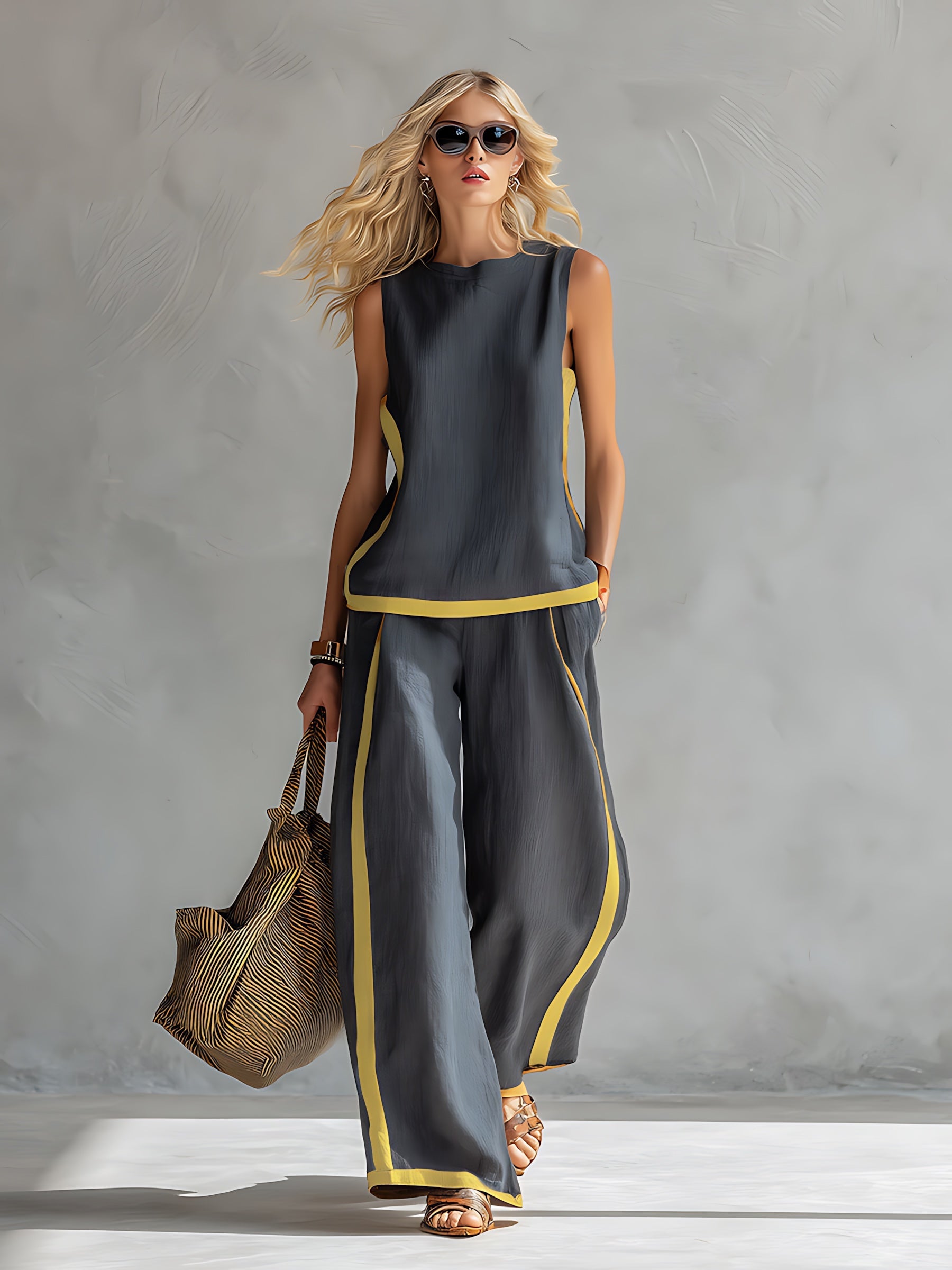 Chloe – Contrast Stripe Tank Top and Wide Leg Pants Set