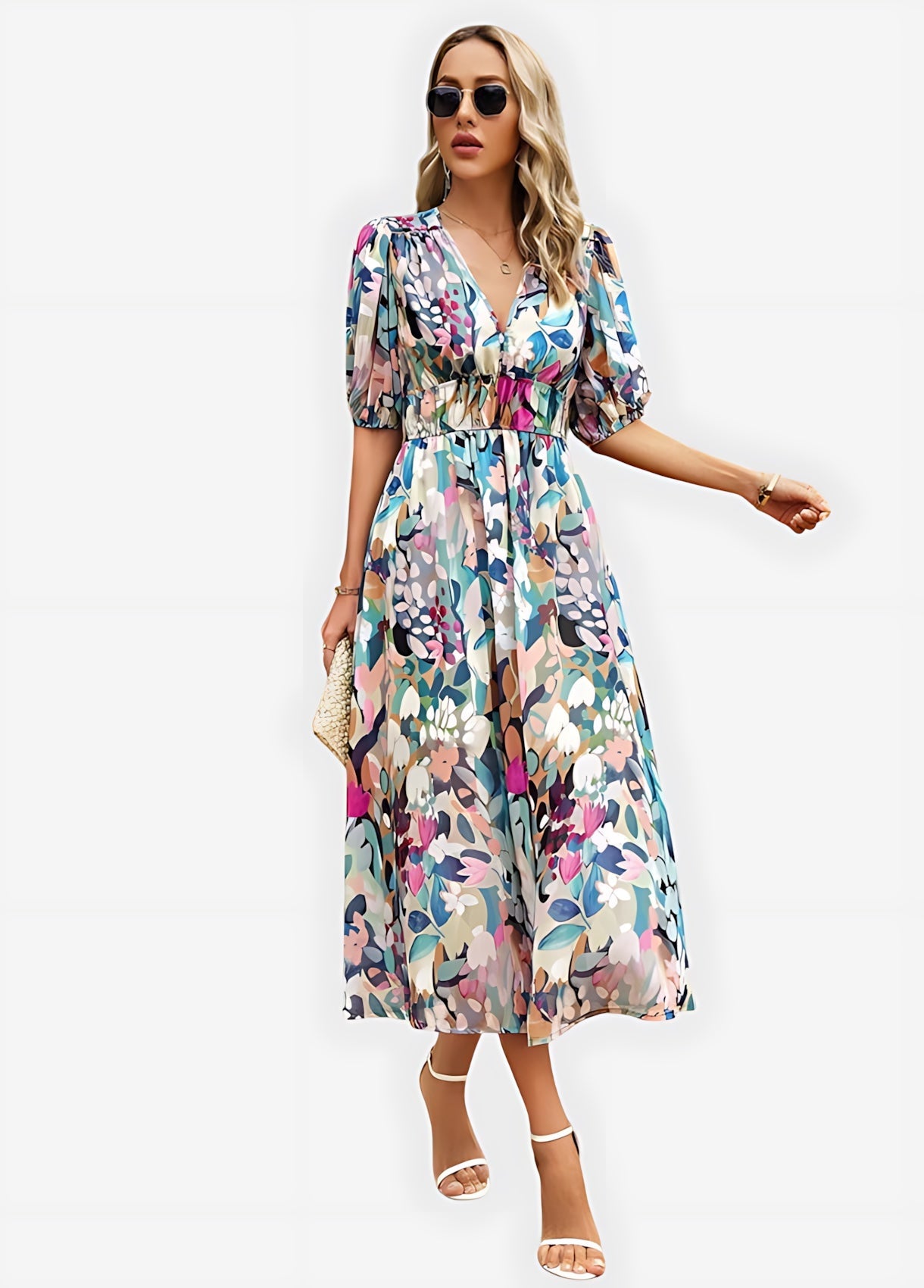 Chloe – Floral Print Puff Sleeve Wrap Midi Dress