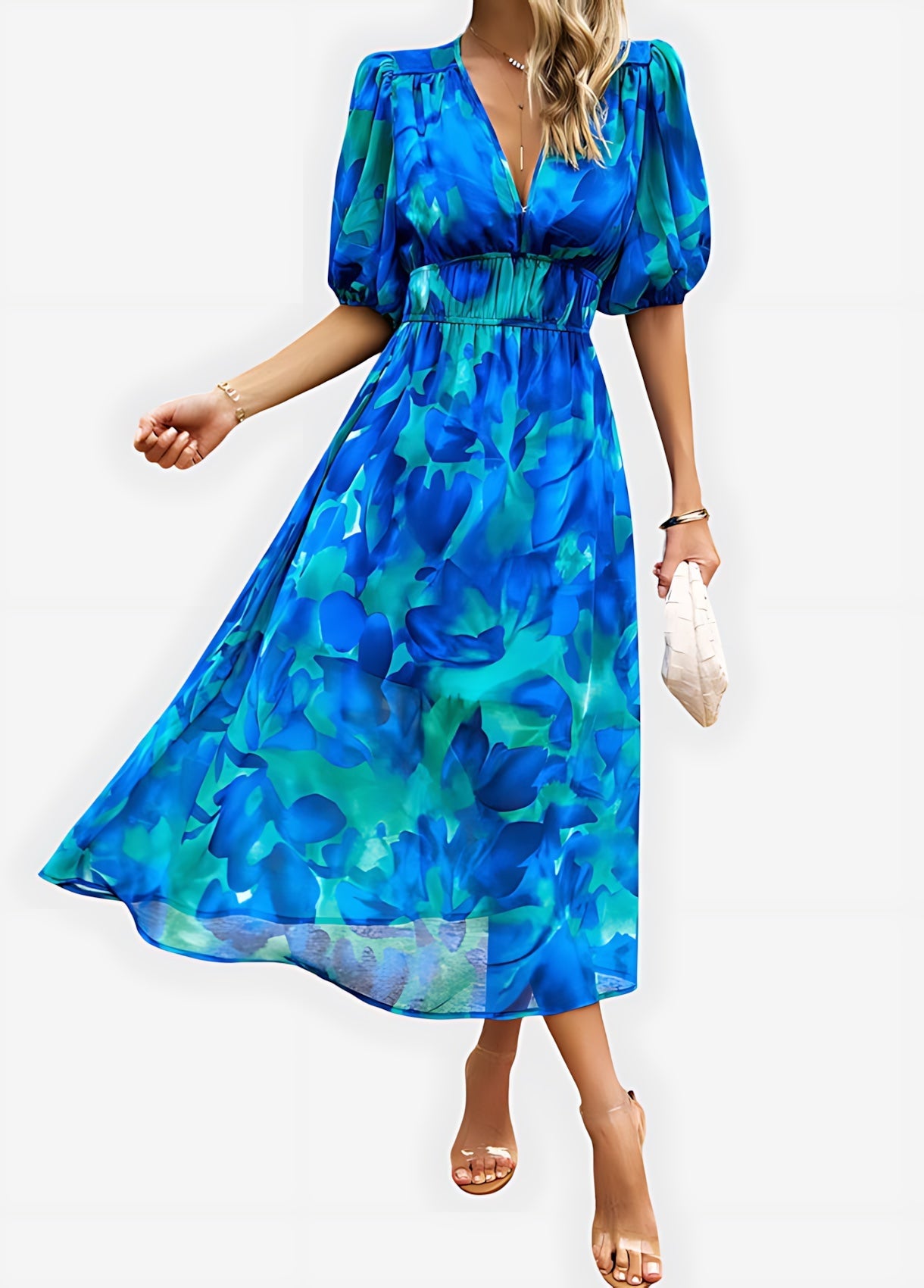 Chloe – Floral Print Puff Sleeve Wrap Midi Dress