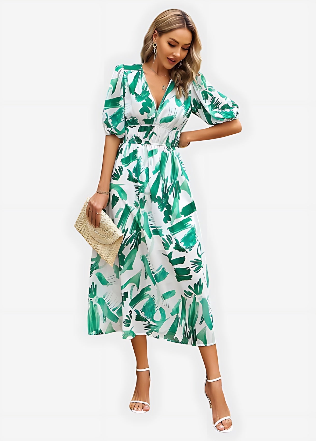 Chloe – Floral Print Puff Sleeve Wrap Midi Dress