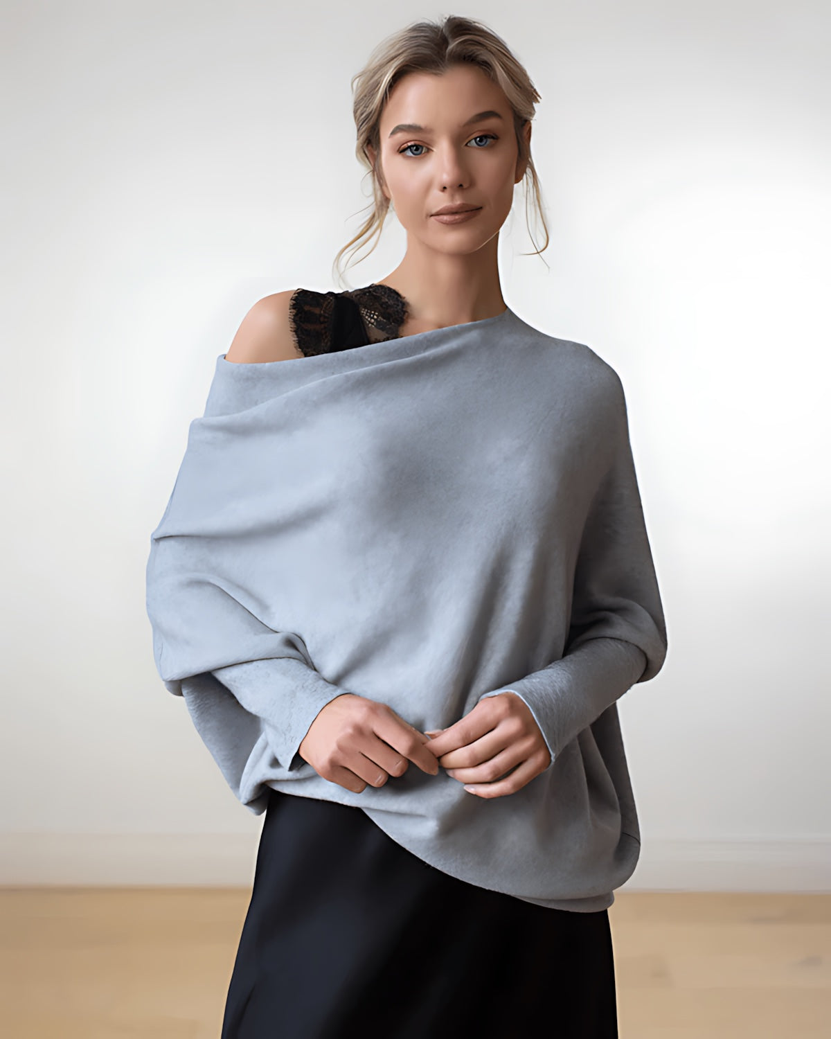 Claire – Off Shoulder Draped Knit Sweater