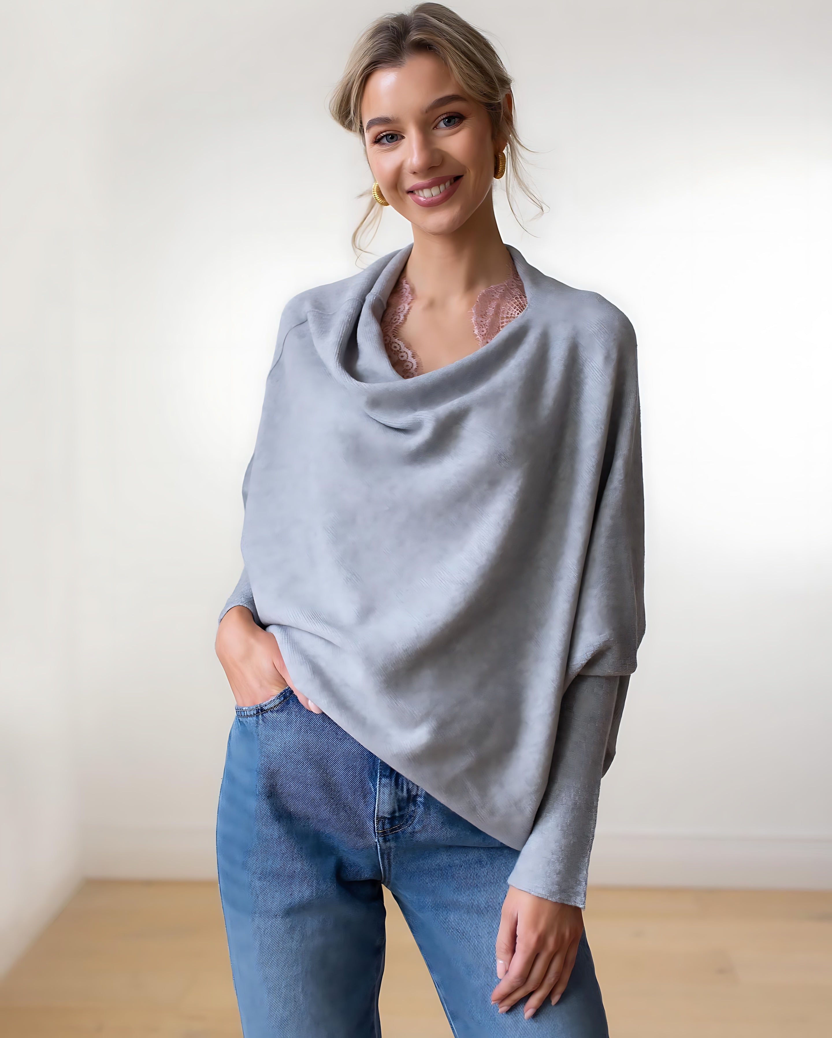 Claire – Off Shoulder Draped Knit Sweater