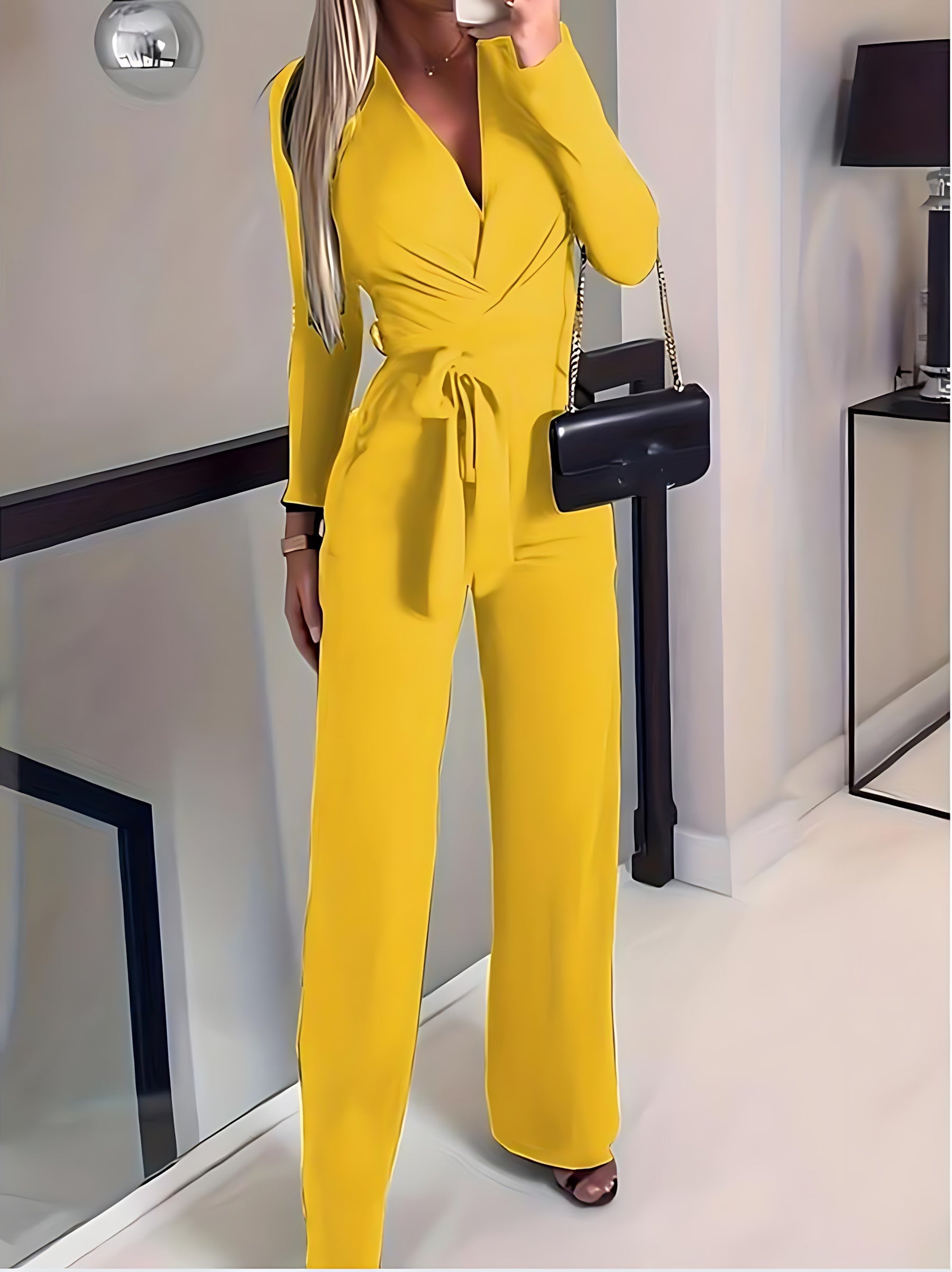 Claire – Wrap V Neck Tie Waist Wide Leg Jumpsuit