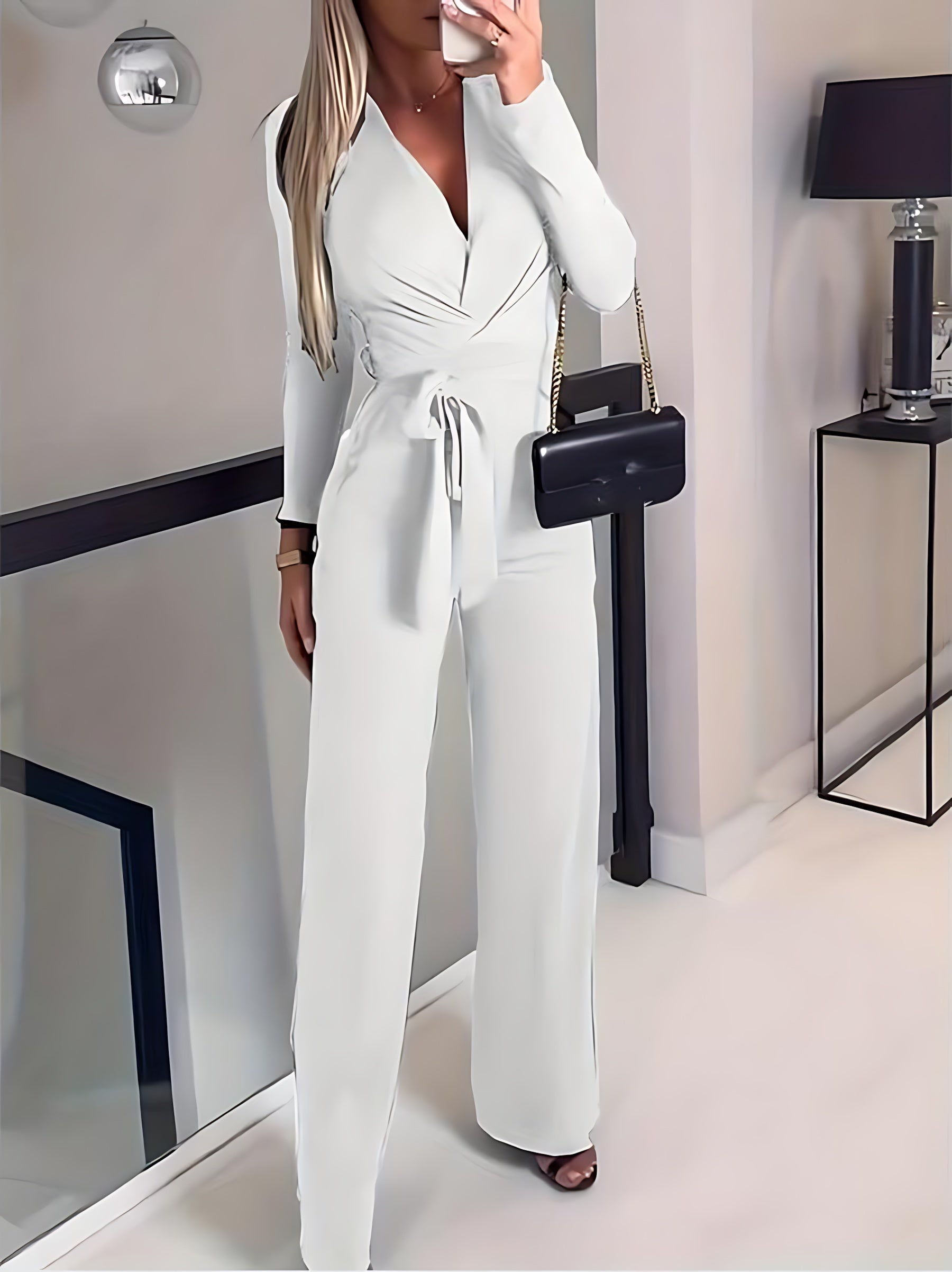 Claire – Wrap V Neck Tie Waist Wide Leg Jumpsuit