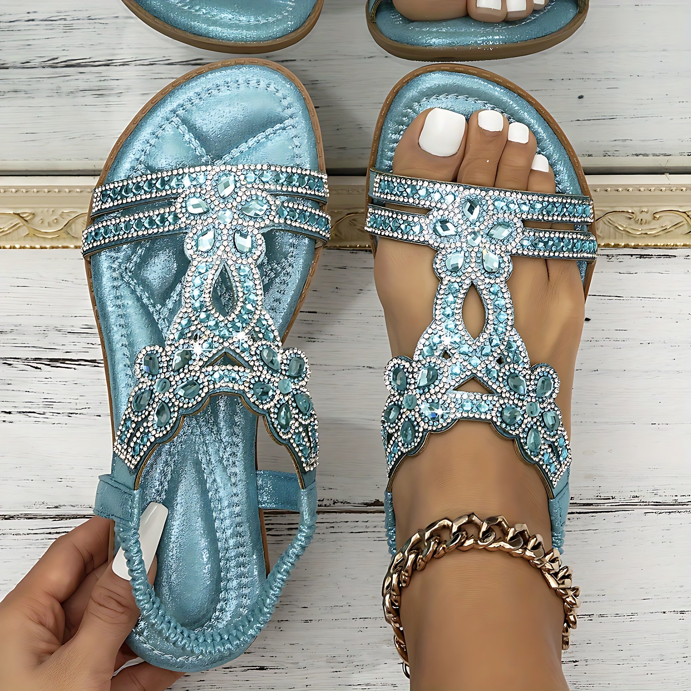 Claudia – Boho Rhinestone Beaded Flat Sandals