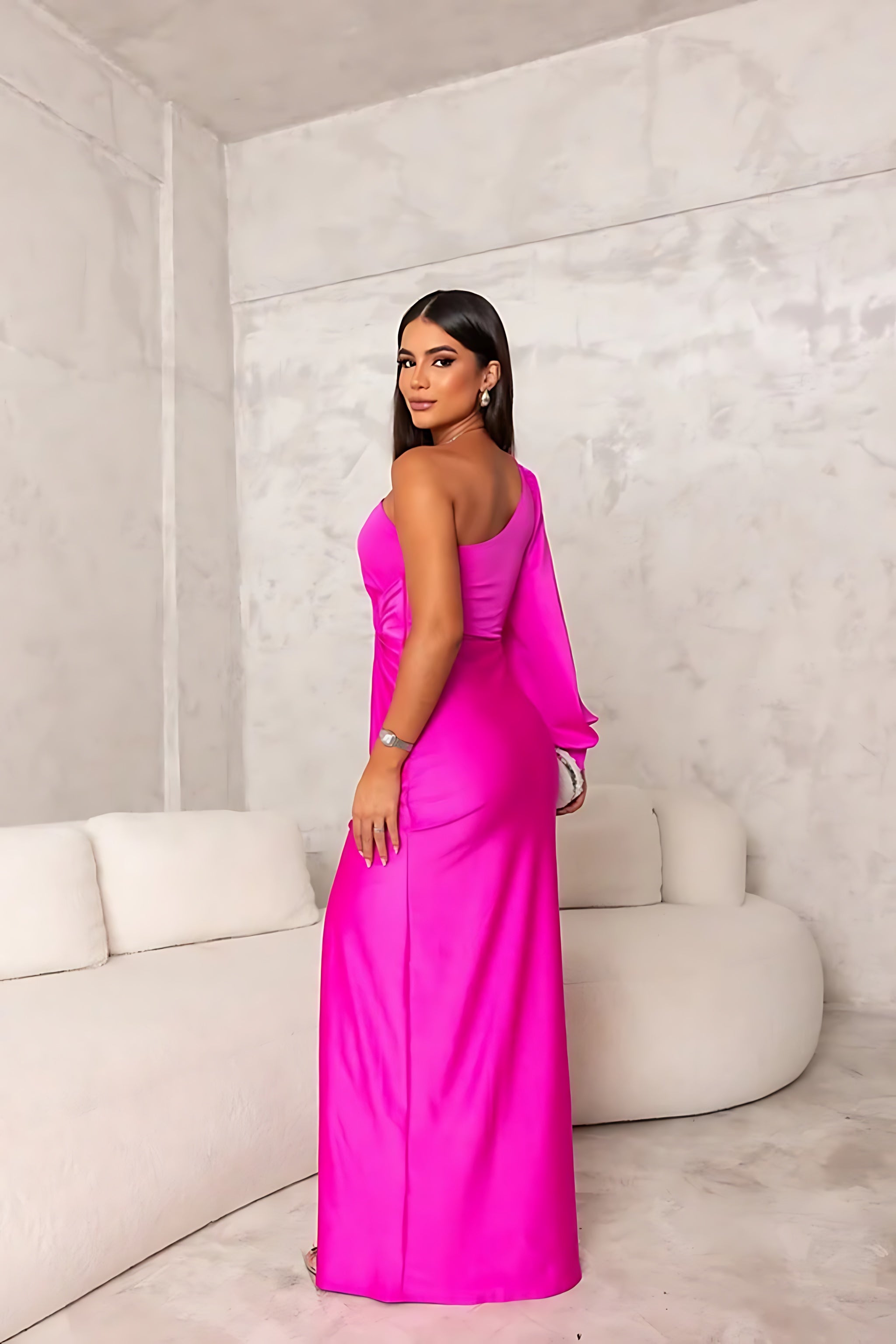 Claudia – One Shoulder Ruched High Slit Evening Maxi Dress