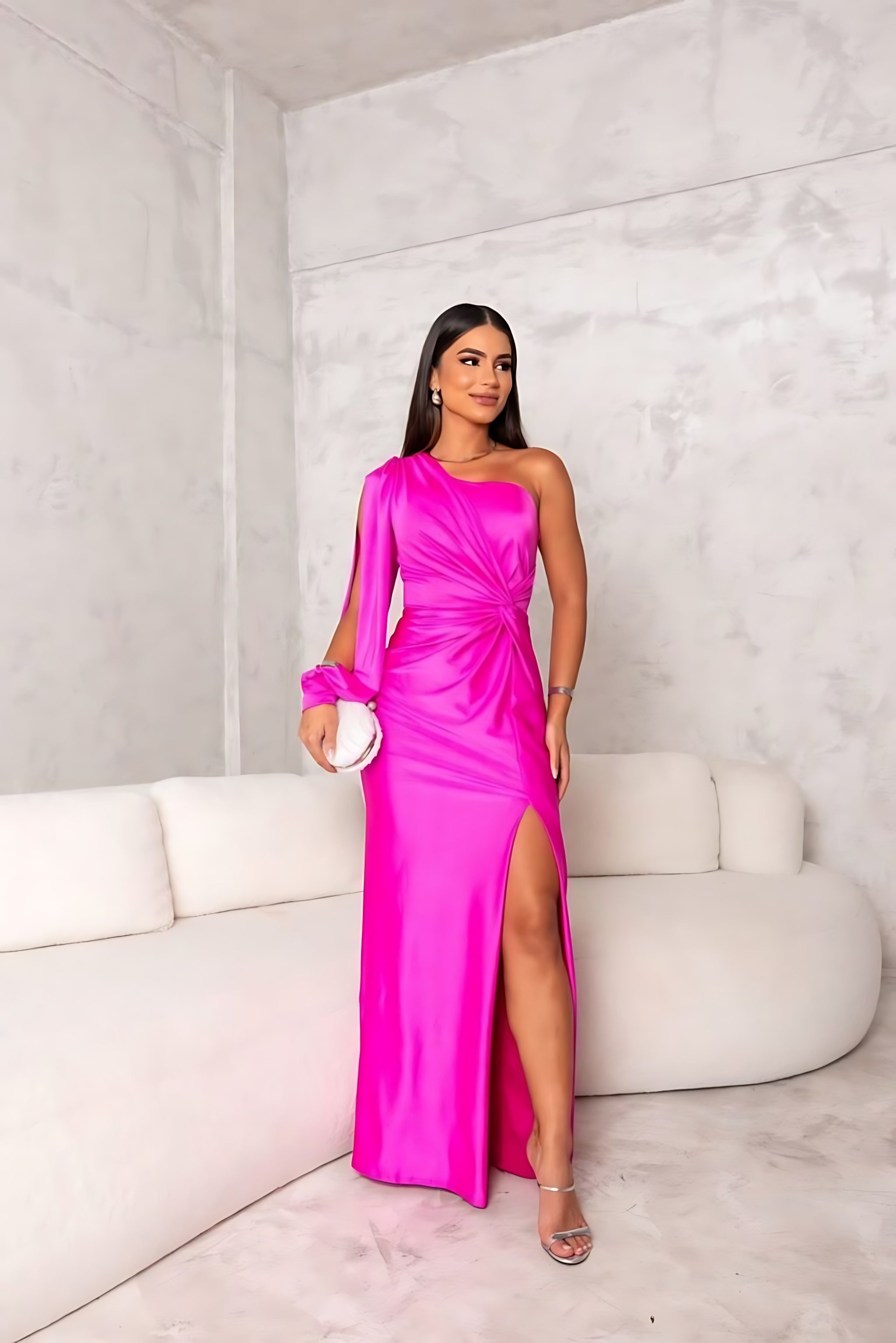 Claudia – One Shoulder Ruched High Slit Evening Maxi Dress