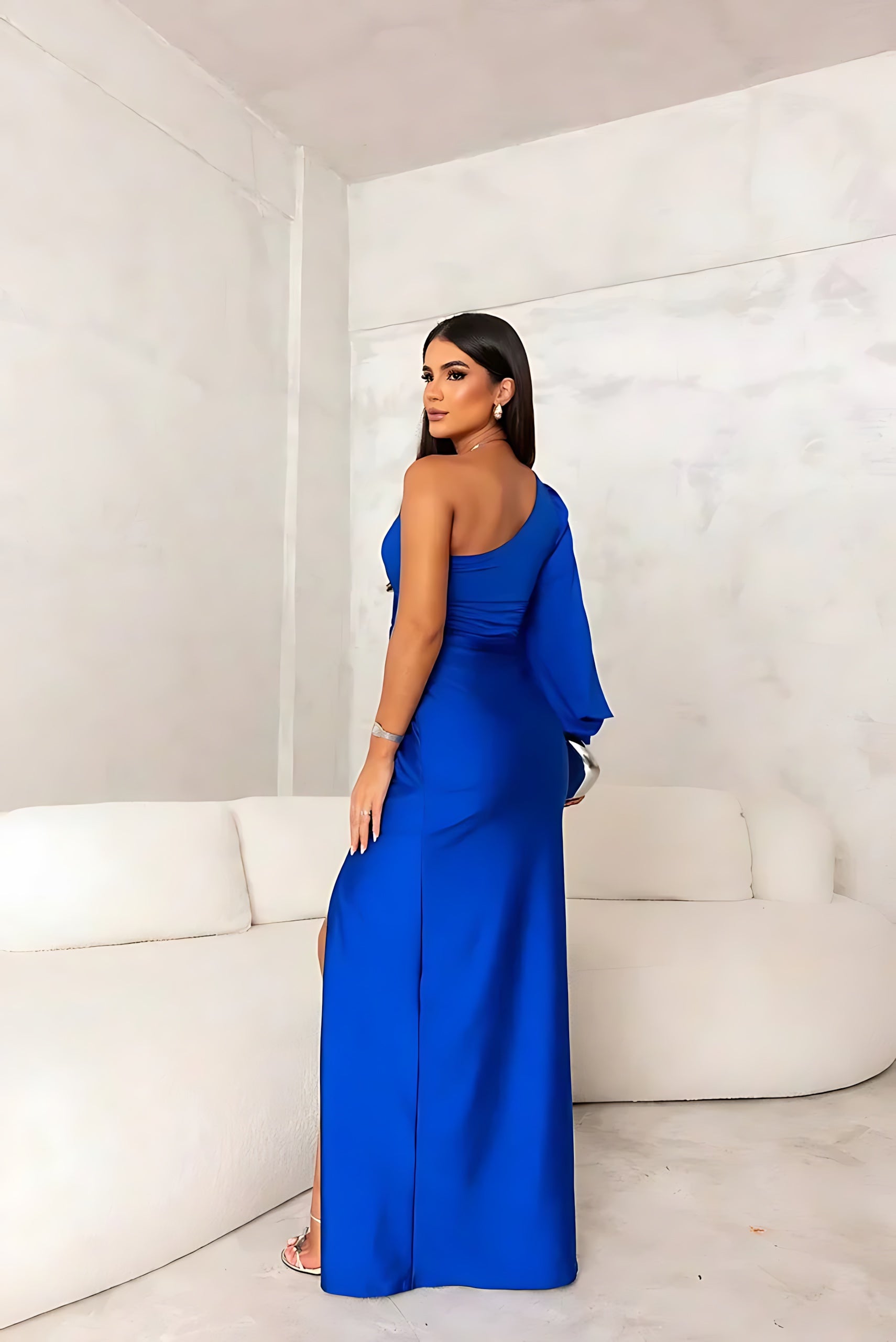 Claudia – One Shoulder Ruched High Slit Evening Maxi Dress
