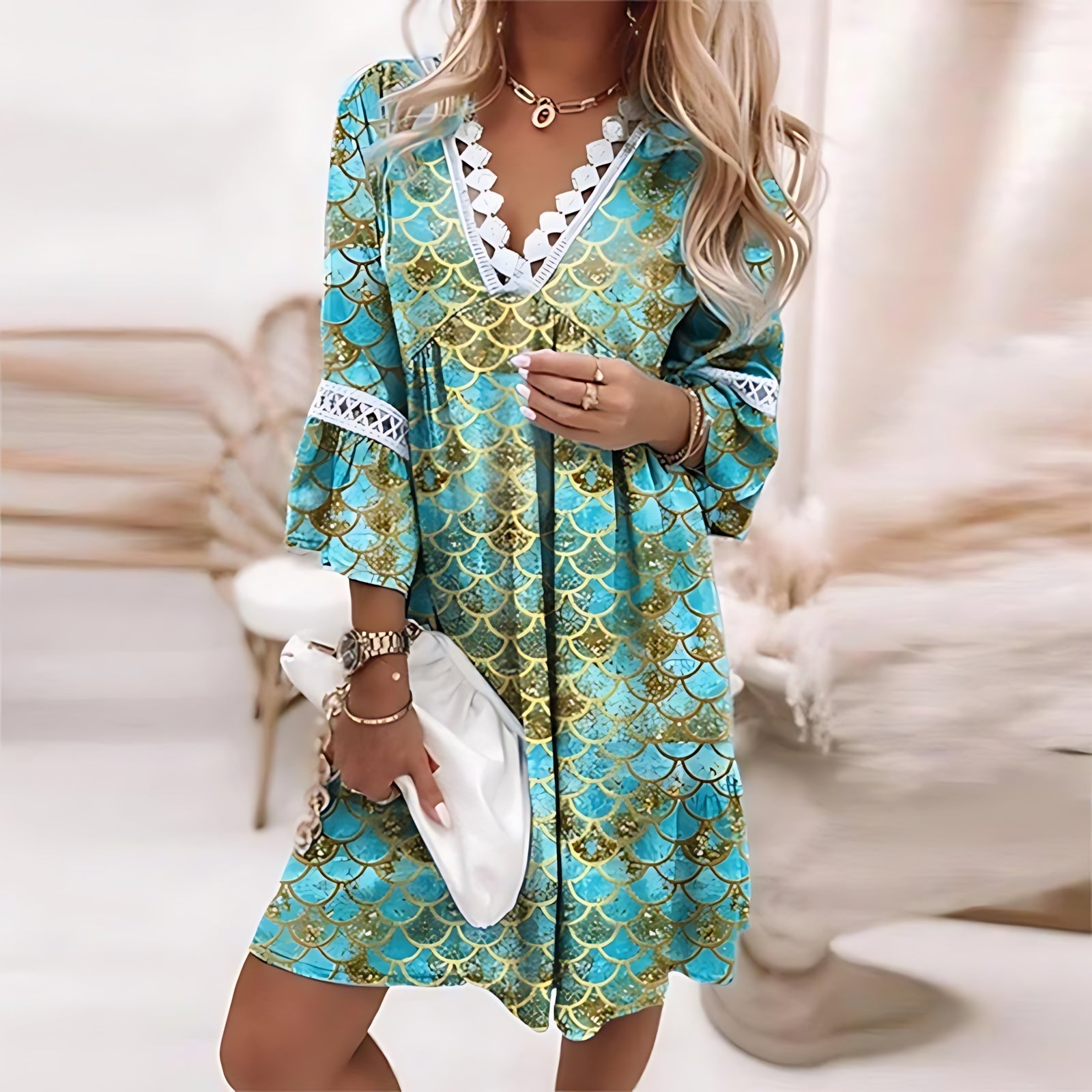 Cora – Floral Print V Neck 3/4 Sleeve Mini Dress