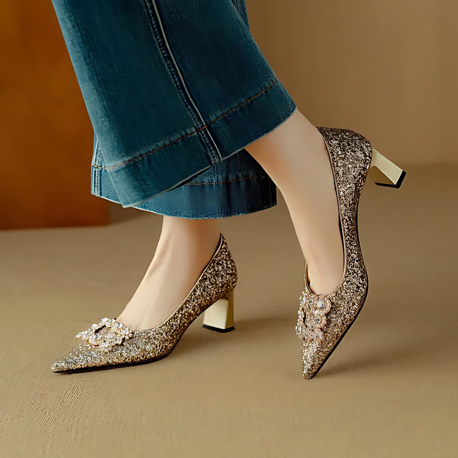 Cora – Glitter Pointed Toe Block Heel Pumps