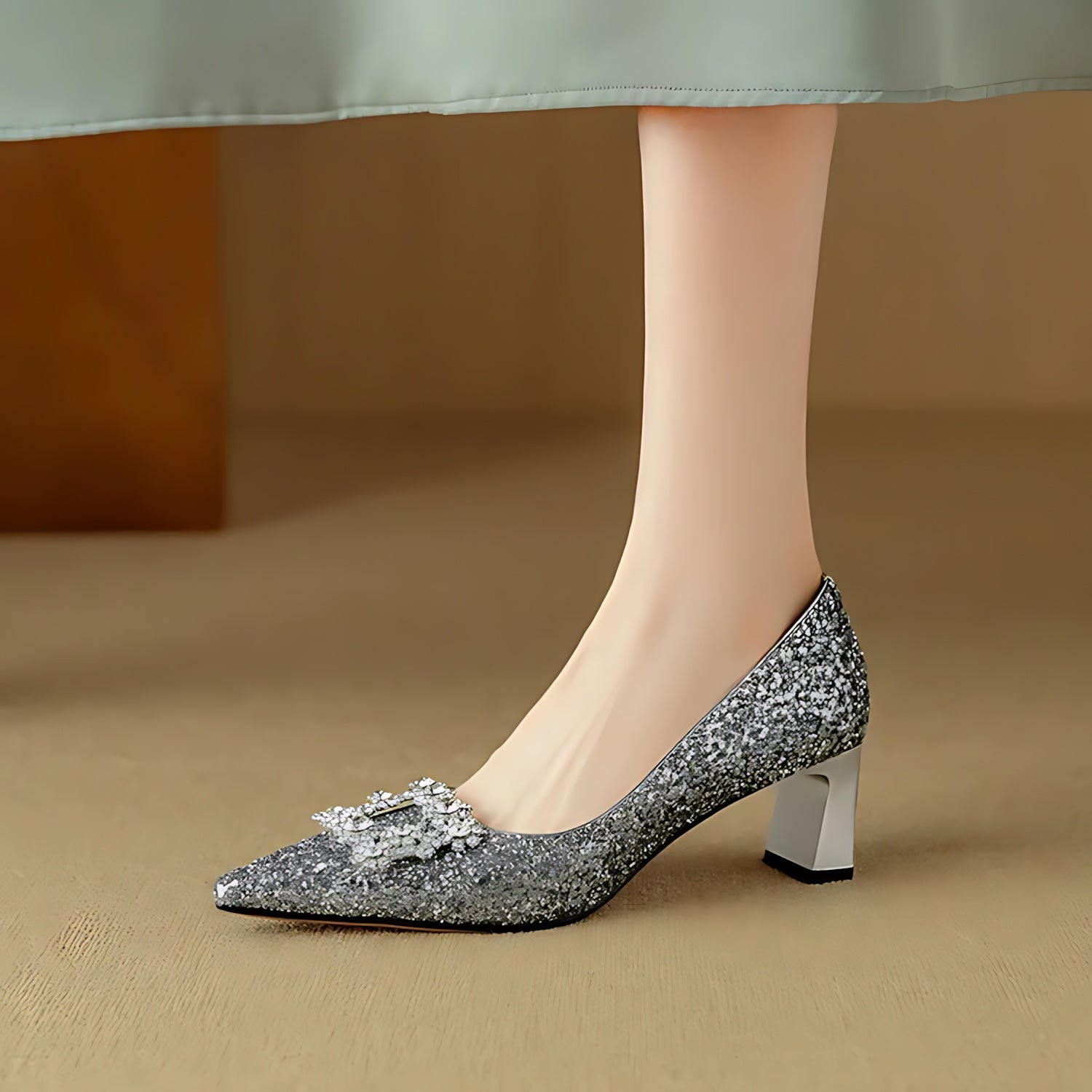 Cora – Glitter Pointed Toe Block Heel Pumps