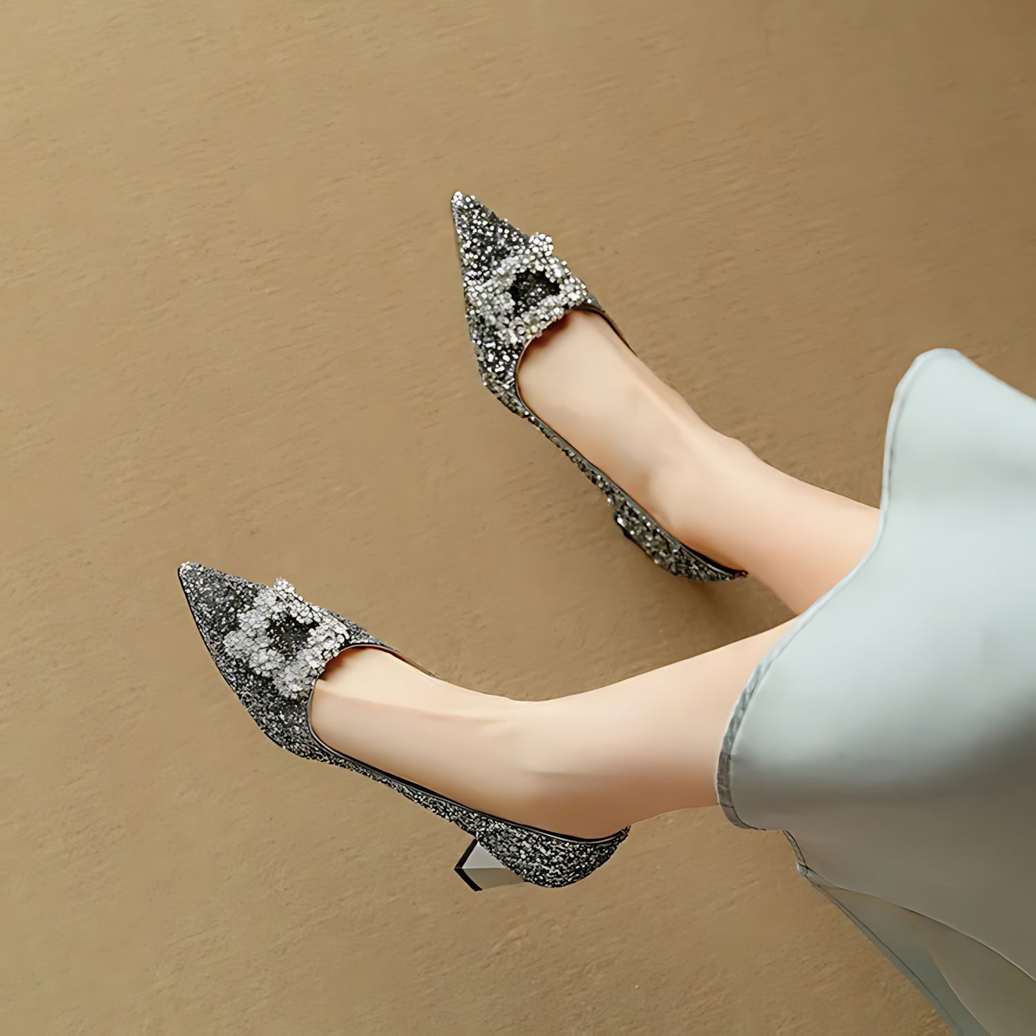 Cora – Glitter Pointed Toe Block Heel Pumps