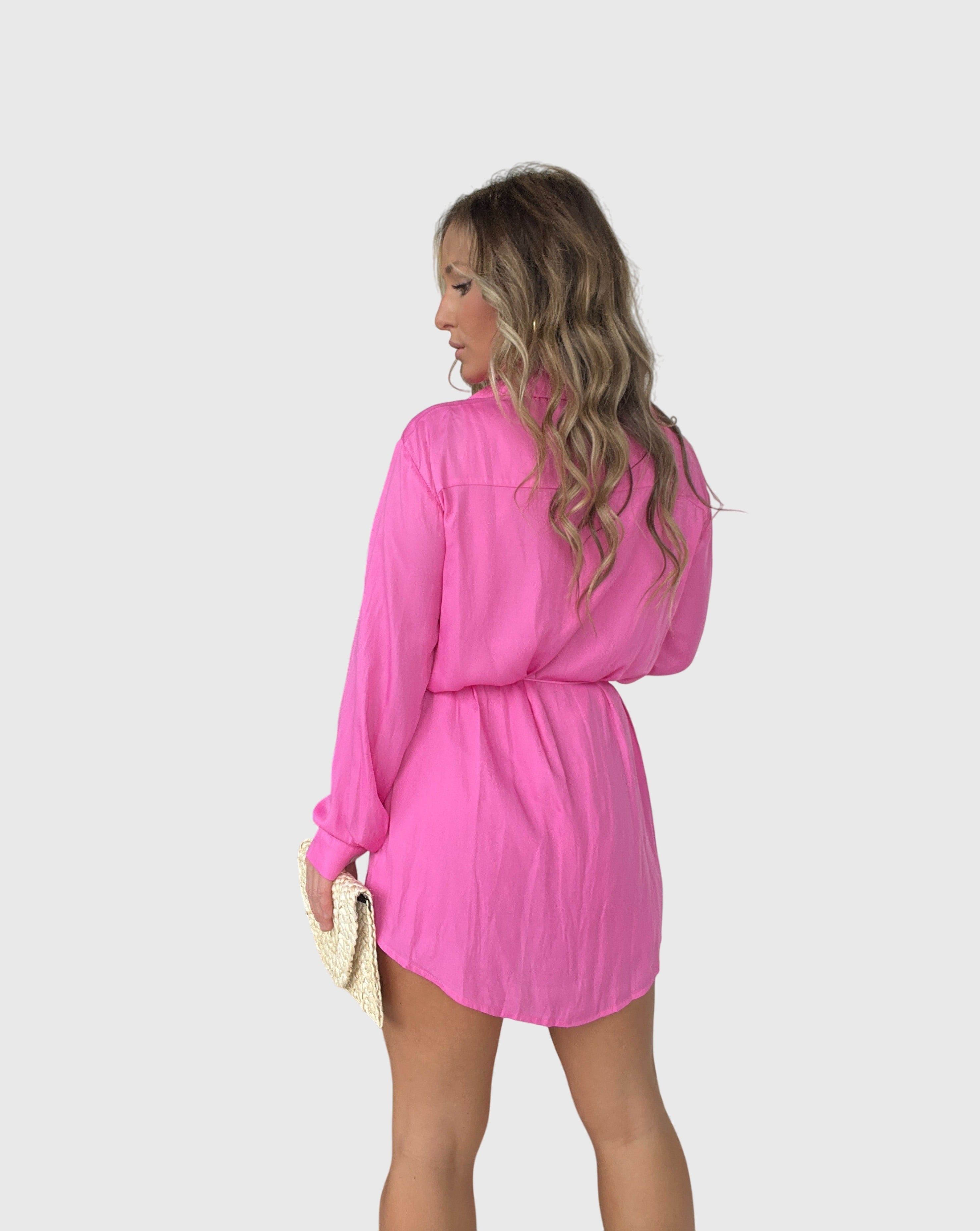 Savannah – Cinched Waist Long Sleeve Mini Shirt Dress