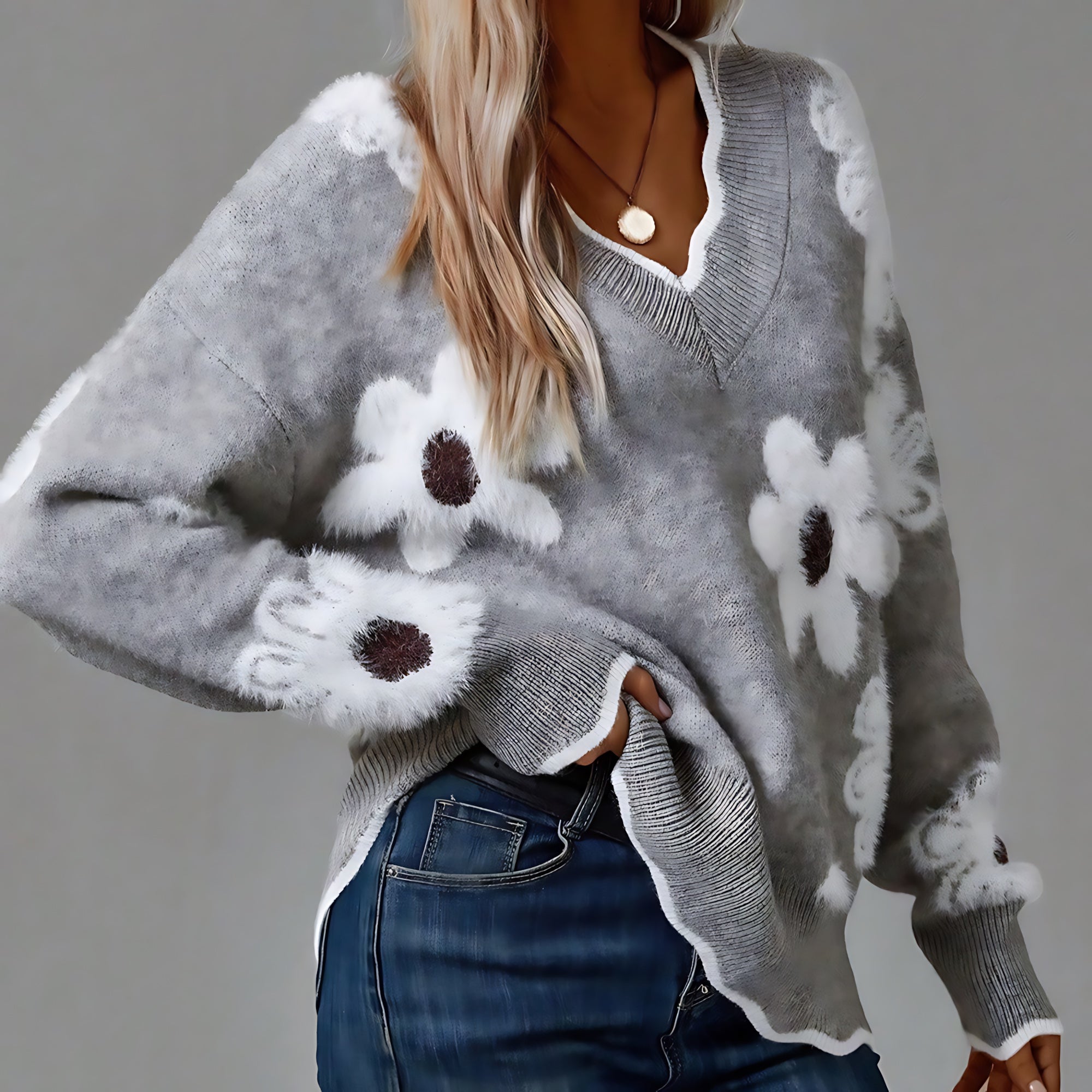 Daisy – Floral Print Marled Knit Sweater