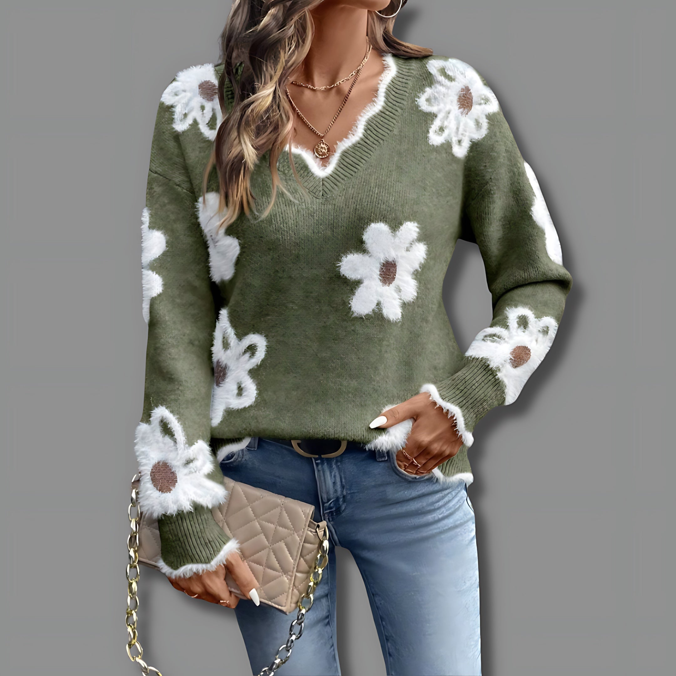 Daisy – Floral Print Marled Knit Sweater