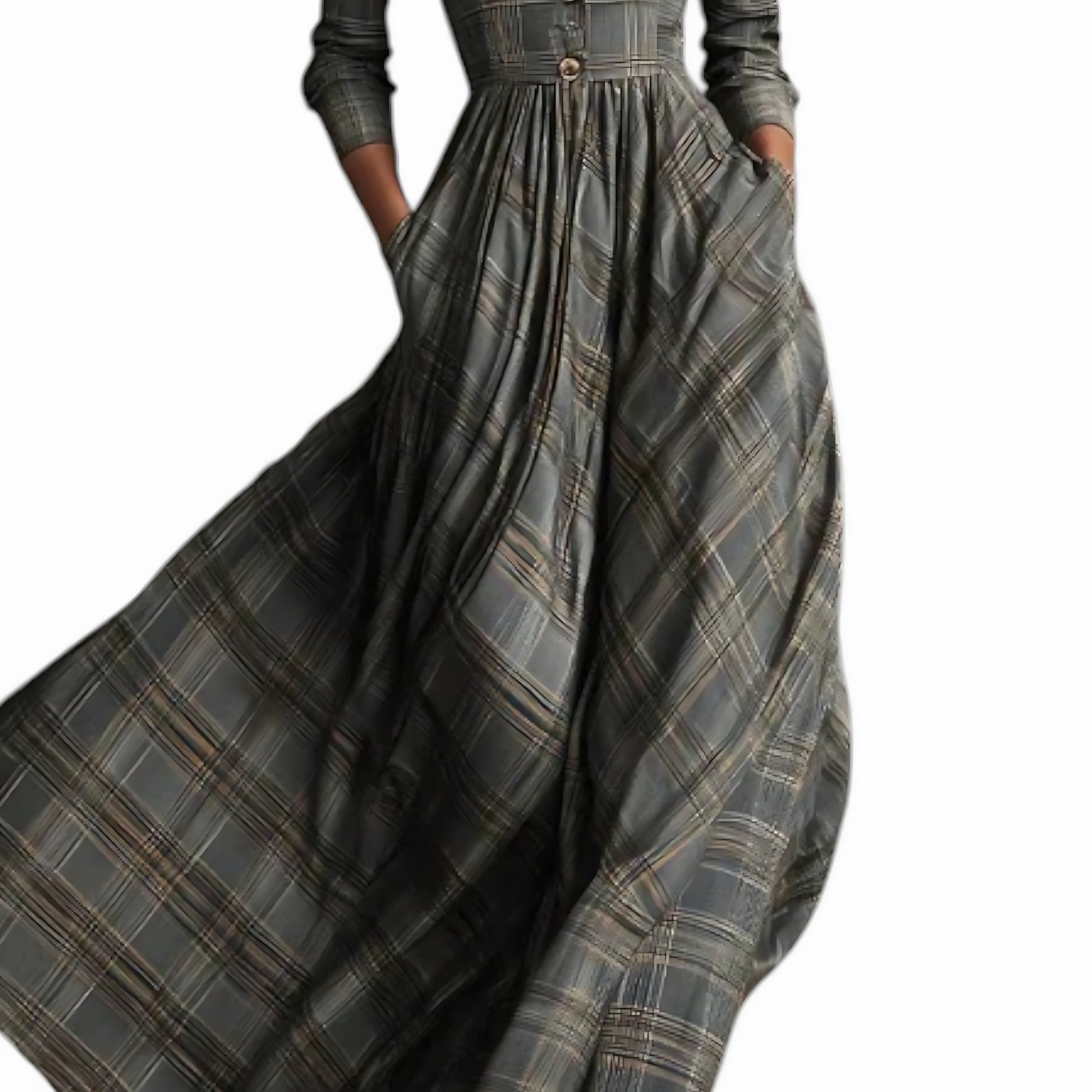 Delilah – Plaid V Neck A-Line Maxi Dress