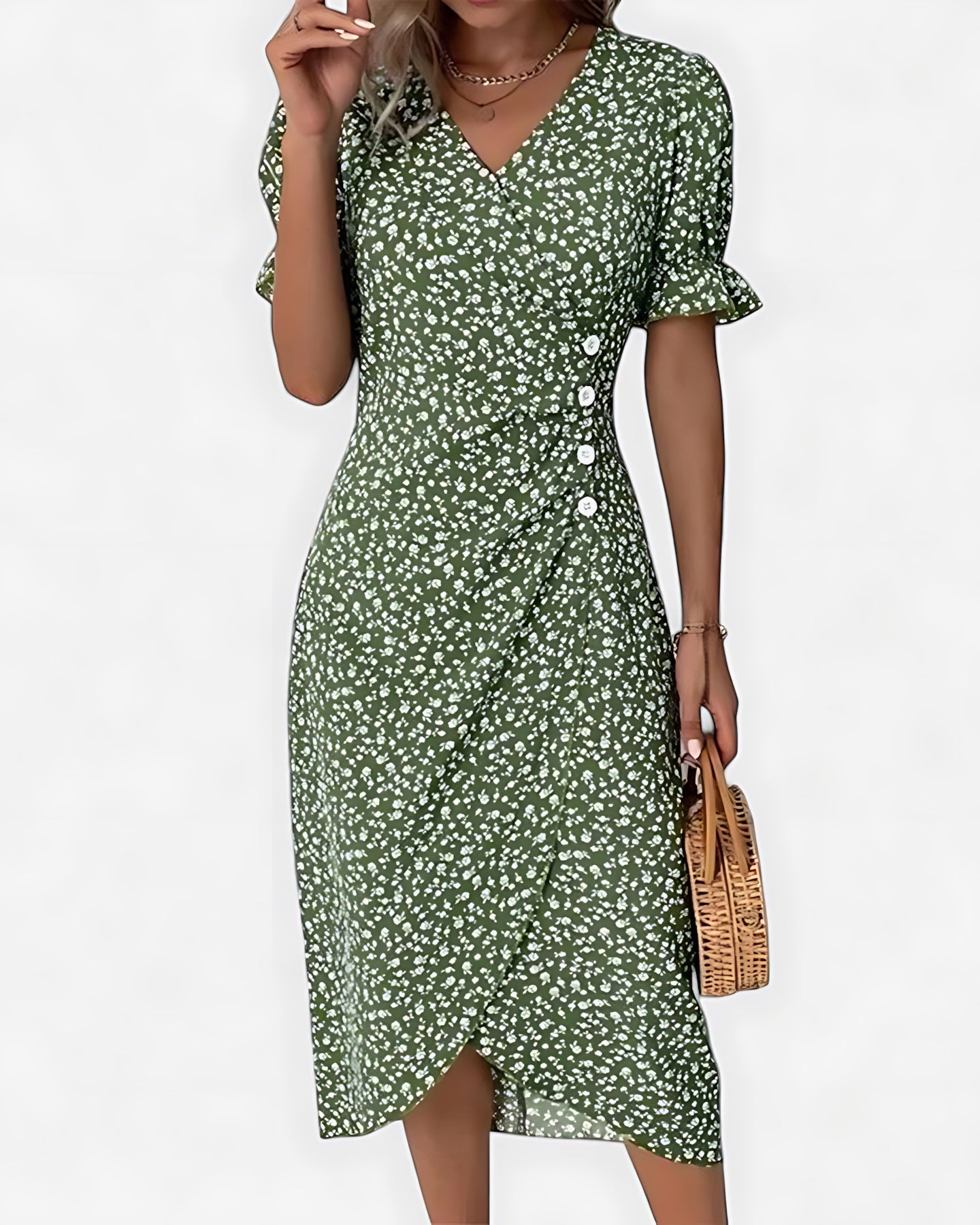 Della – Floral Ruffle Wrap Summer Midi Dress