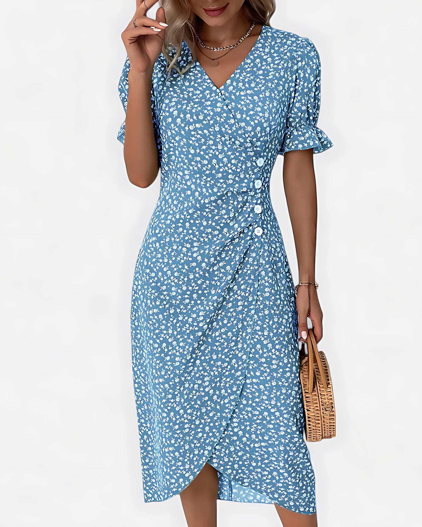 Della – Floral Ruffle Wrap Summer Midi Dress