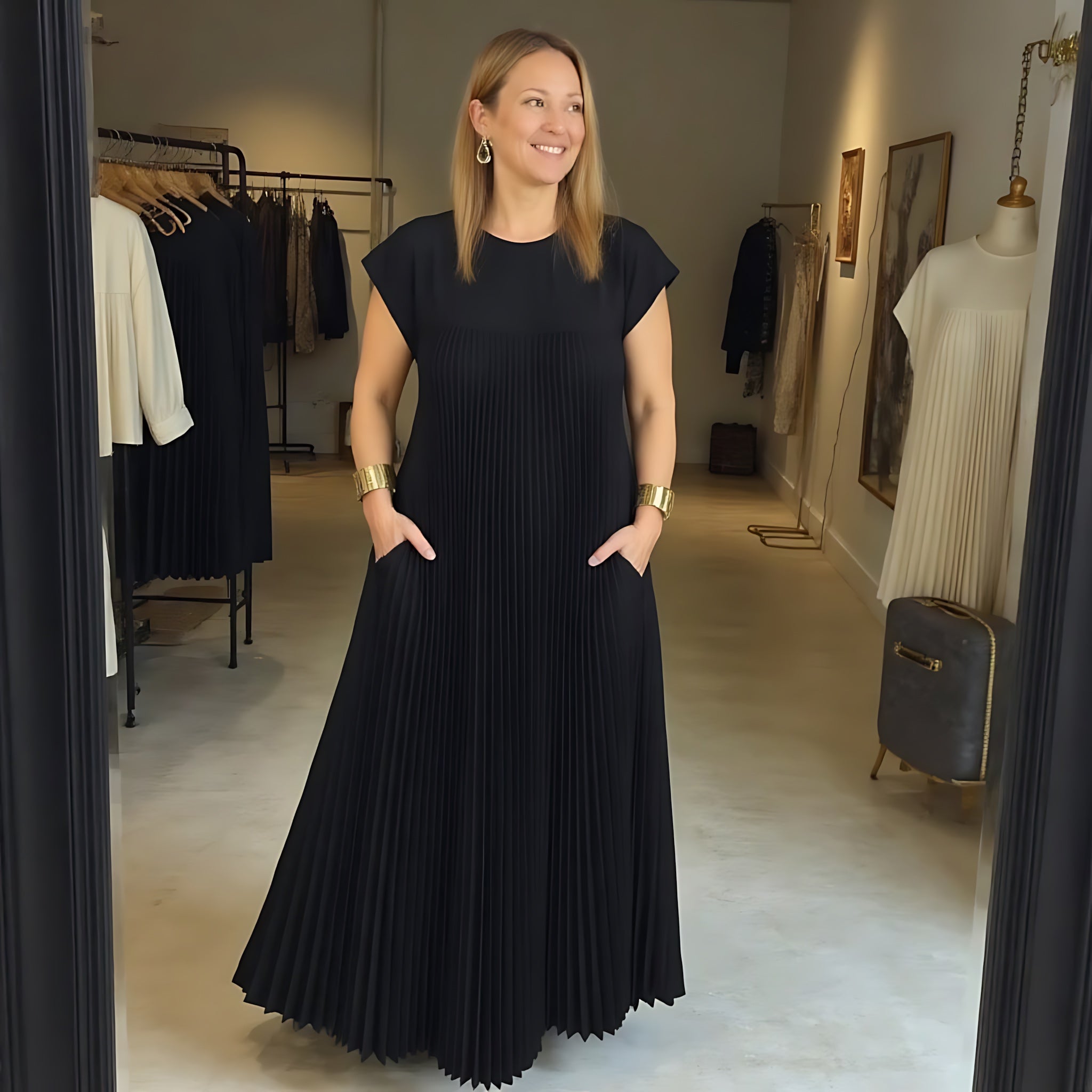 Della – Pleated Crew Neck Cocktail Maxi Dress