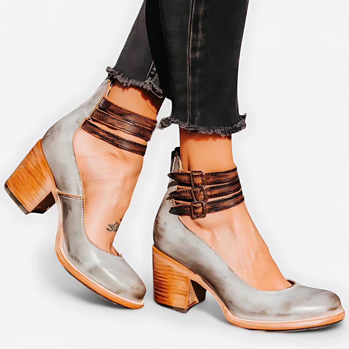 Della – Suede Ankle Strap Block Heel Pumps